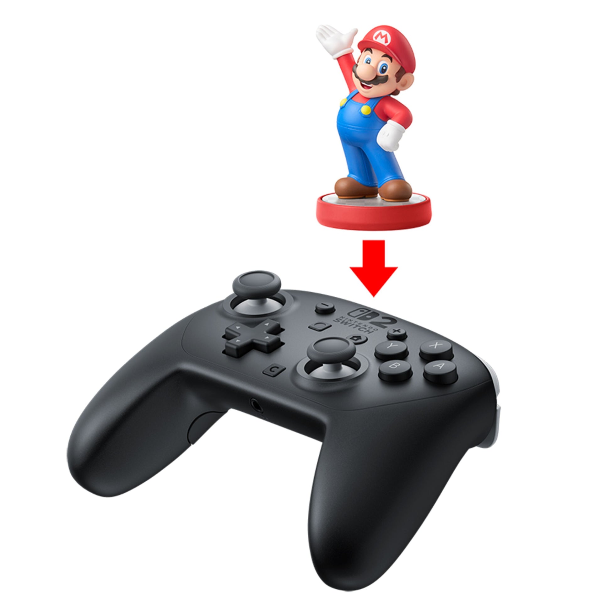 Nintendo Switch 2 Pro Controller sort med Mario-figur over og rød pil fra figuren til controlleren, viser sammenhæng.