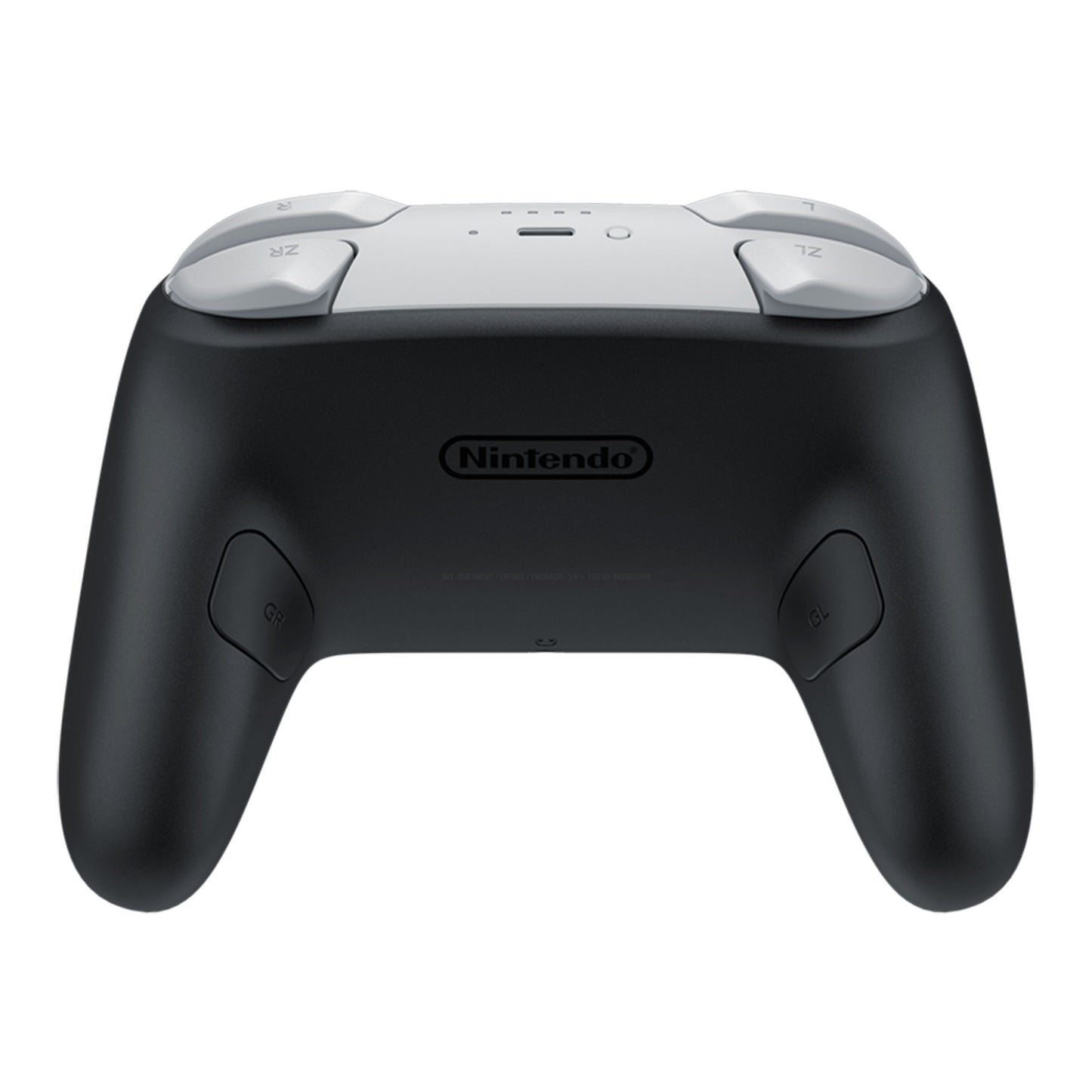Nintendo Switch 2 Pro Controller bagfra i sort og hvid med skulderknapper, greb, håndtag og Nintendo-logo.