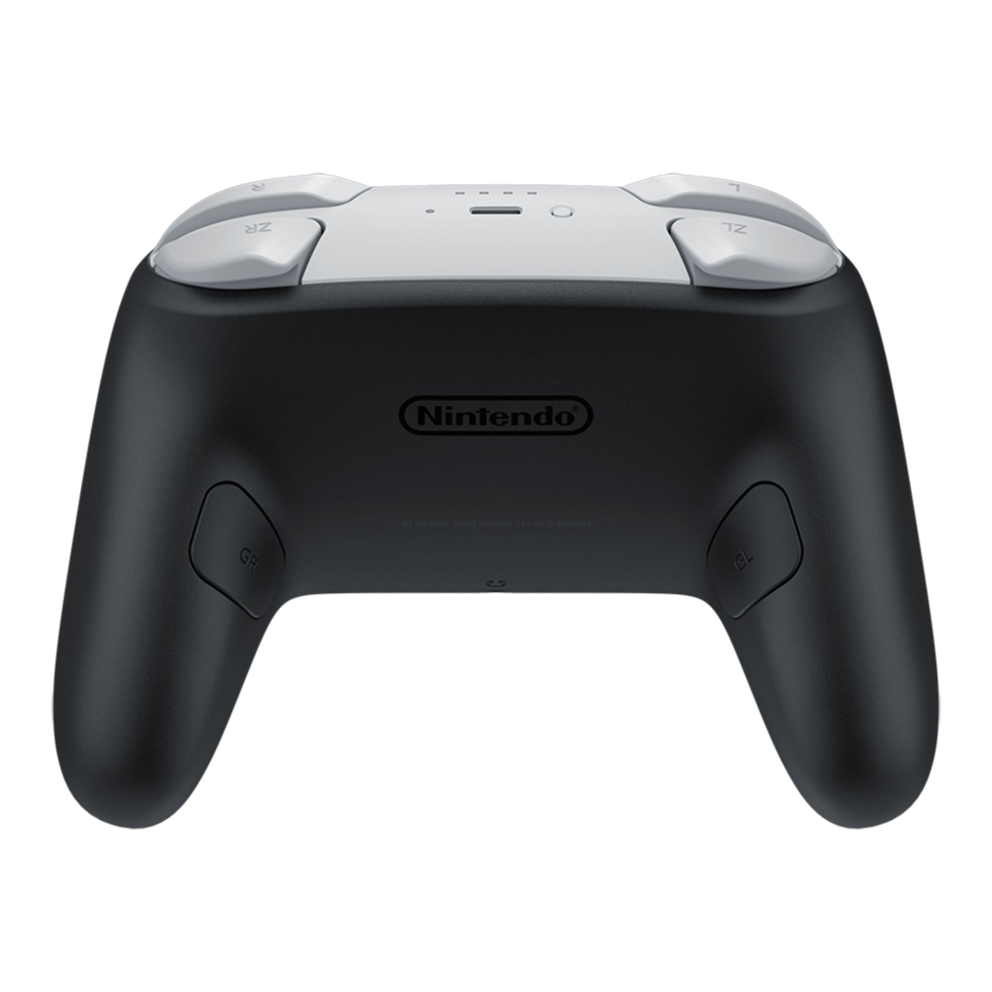 Nintendo Switch 2 Pro Controller bagfra i sort og hvid med skulderknapper, greb, håndtag og Nintendo-logo.