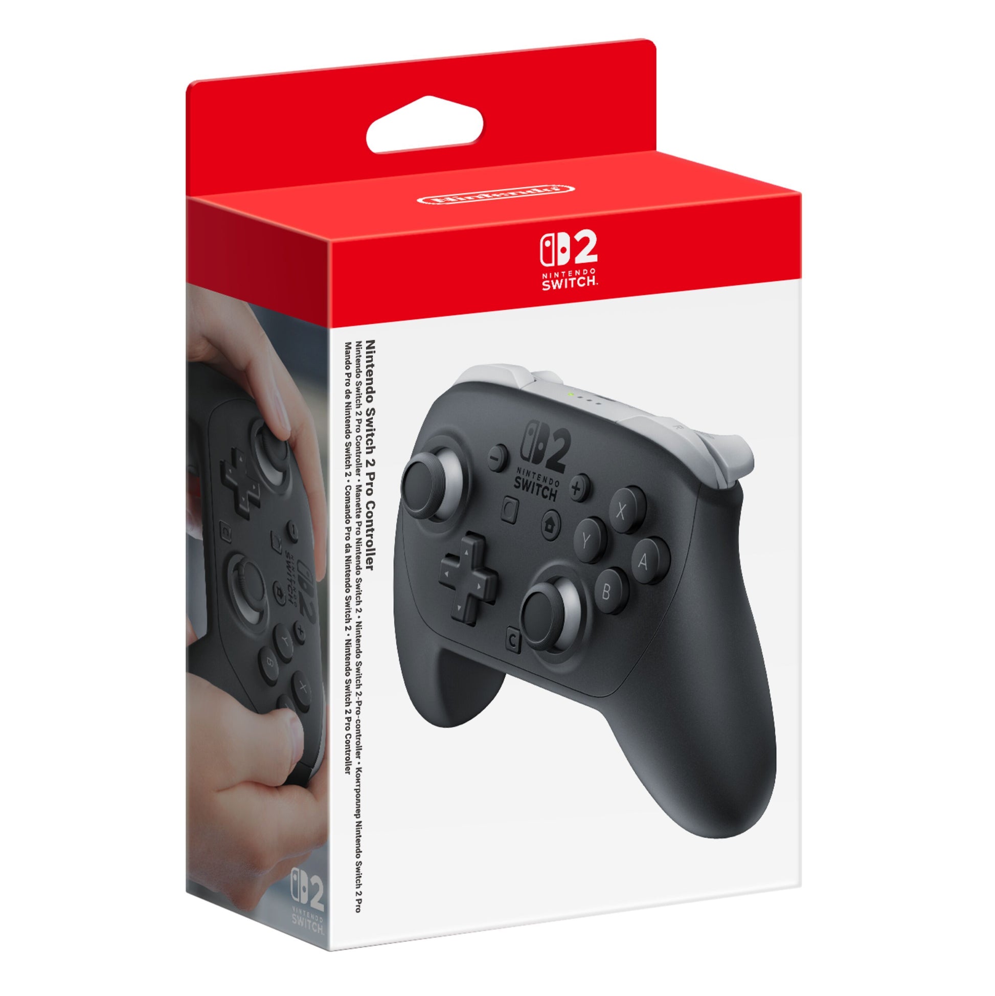 Nintendo Switch 2 Pro Controller sort, vist i emballage med Switch 2-logo, ergonomisk design og bevægelseskontrol.