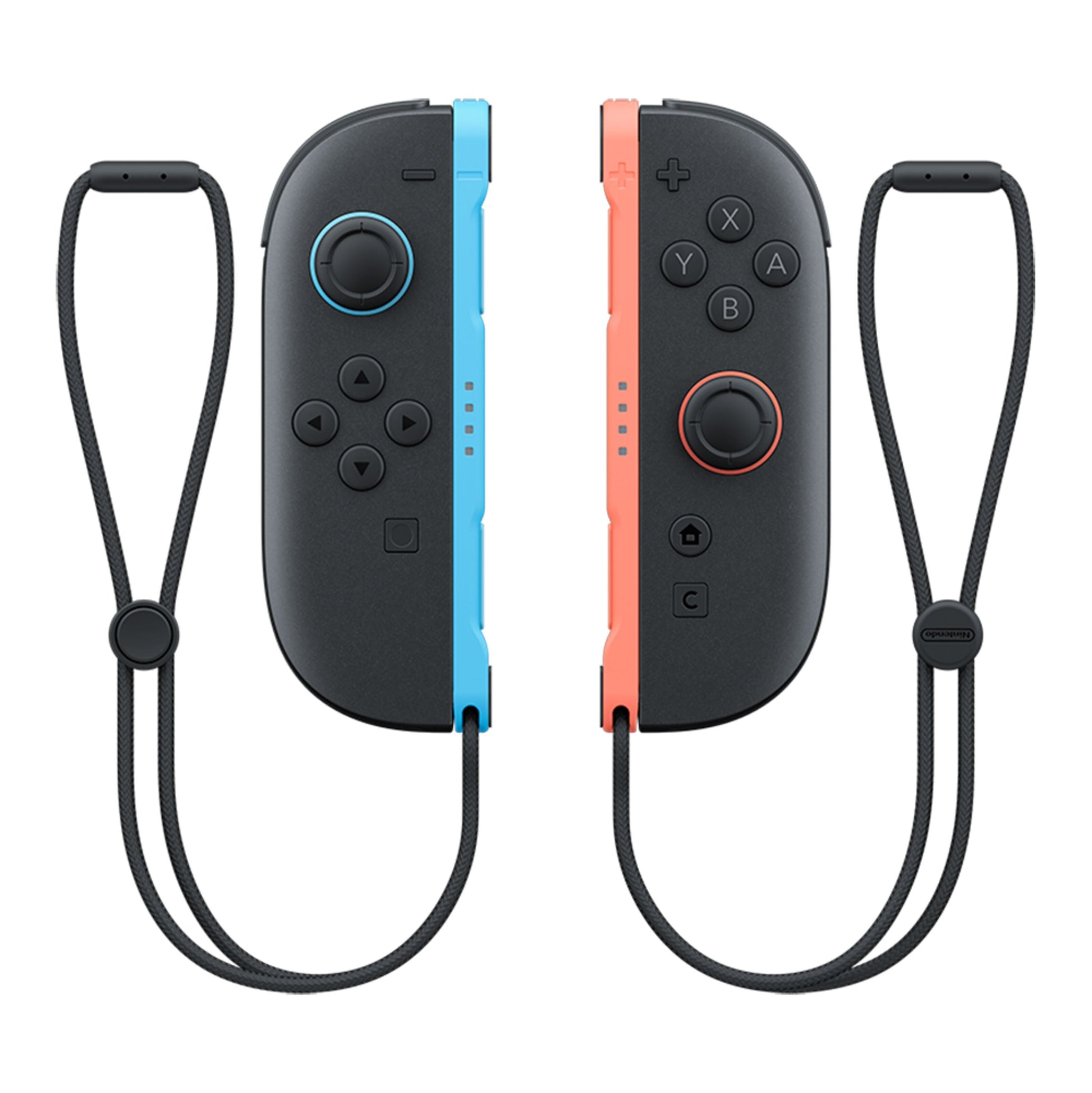 Nintendo Joy-Con 2-sæt blå (venstre) og rød (højre) controller med sort håndledsremme.