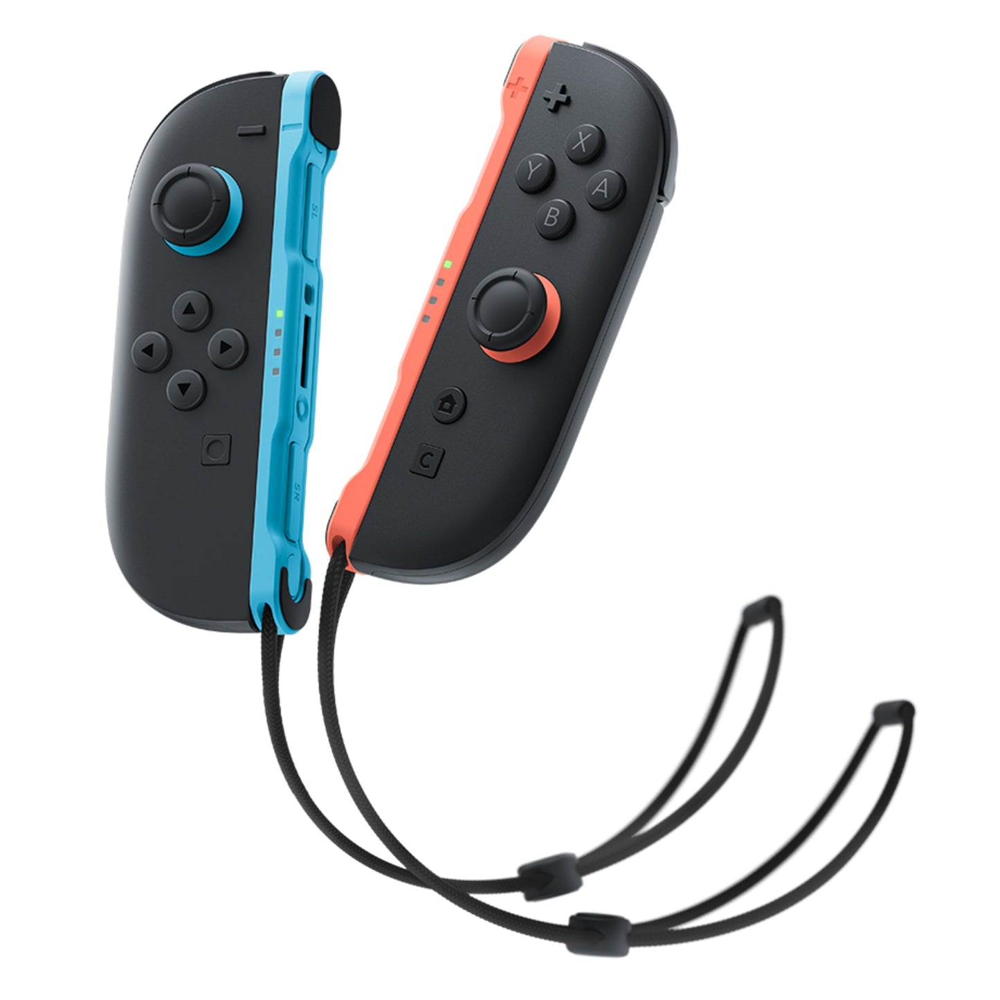 Nintendo Joy-Con 2 sæt til Switch med blå (venstre) og rød (højre) controller, sorte håndledsremme, stående.