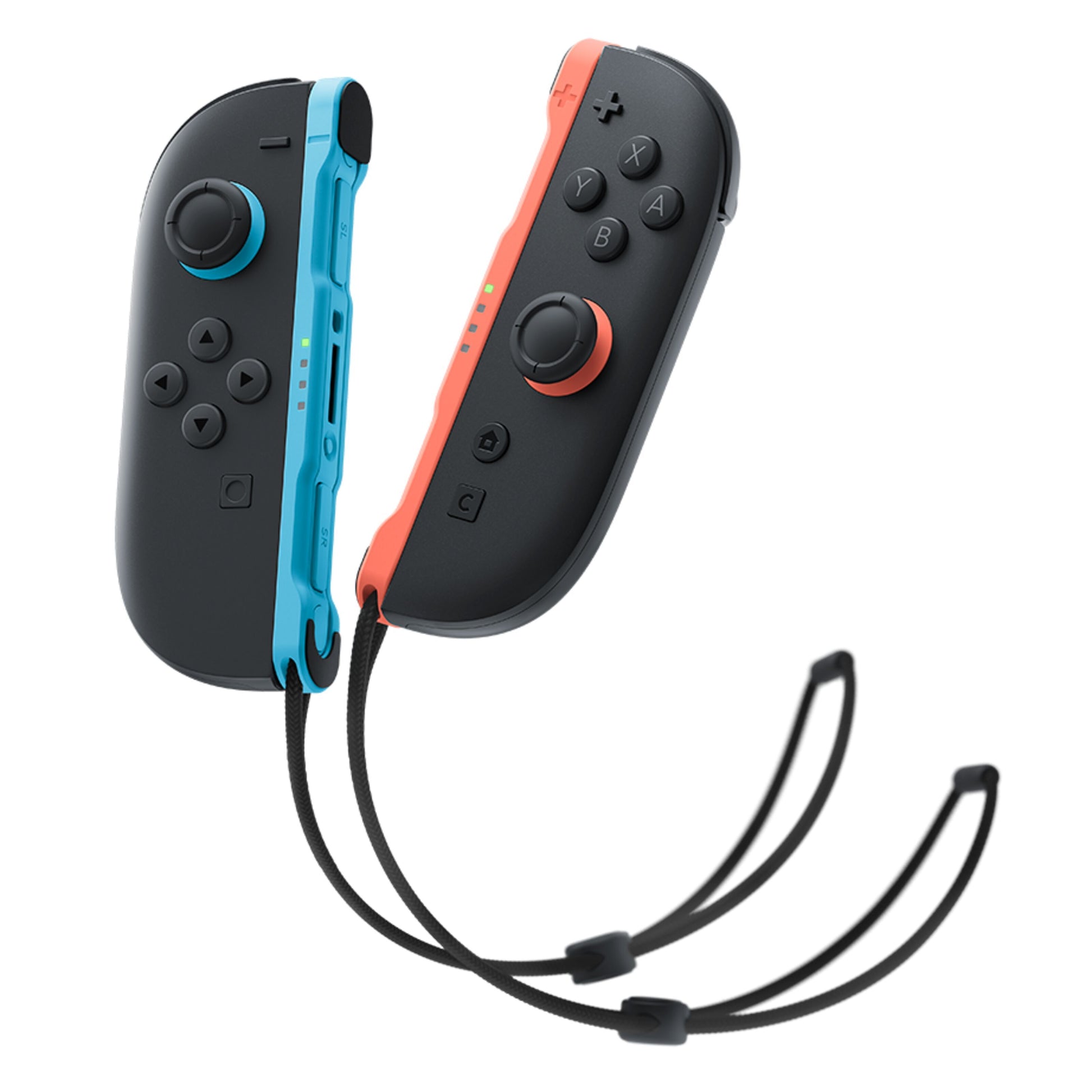 Nintendo Joy-Con 2 sæt til Switch med blå (venstre) og rød (højre) controller, sorte håndledsremme, stående.