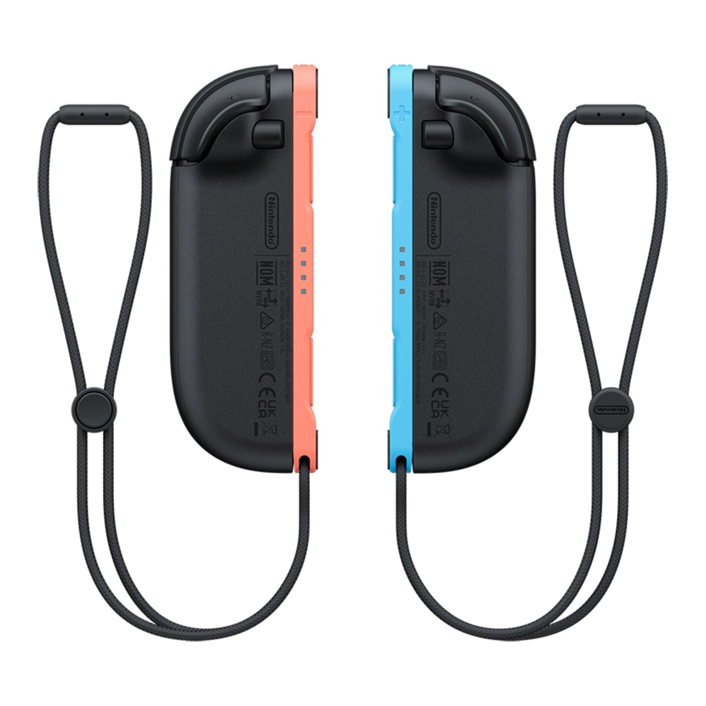Nintendo Joy-Con 2 sæt med én rød og én blå controller, sorte håndledsremme, bagsidevisning, til Nintendo Switch 2.