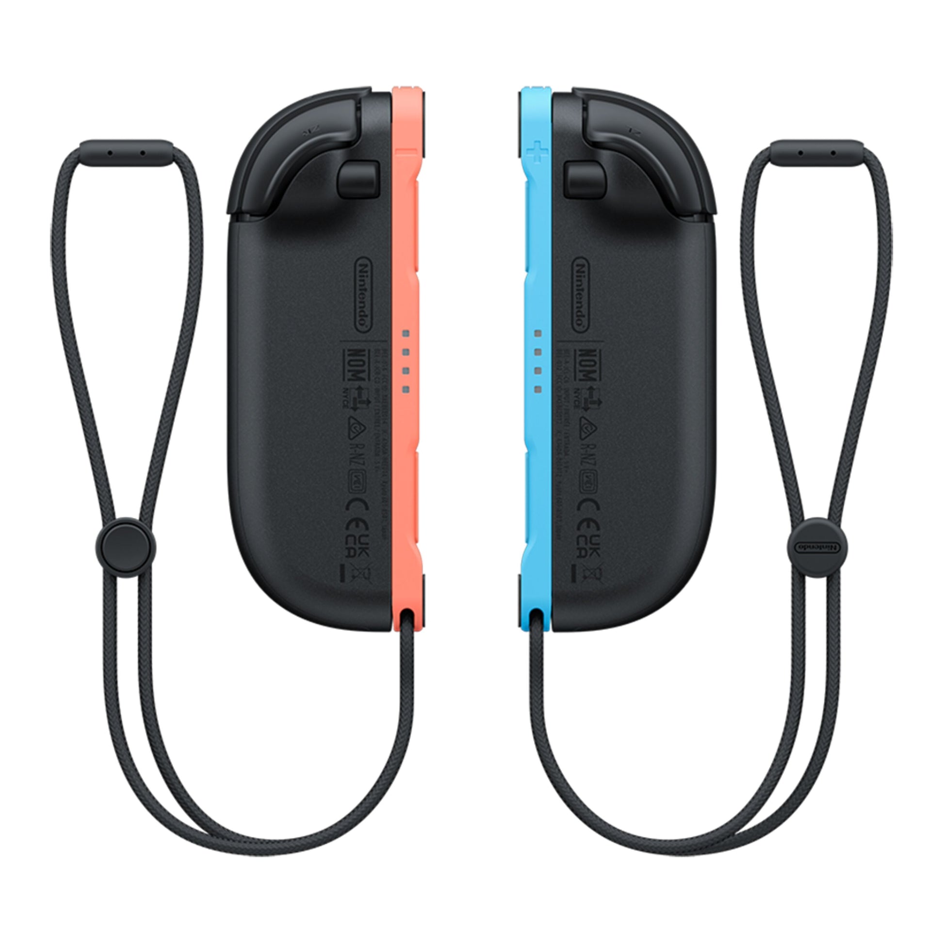 Nintendo Joy-Con 2 sæt med én rød og én blå controller, sorte håndledsremme, bagsidevisning, til Nintendo Switch 2.