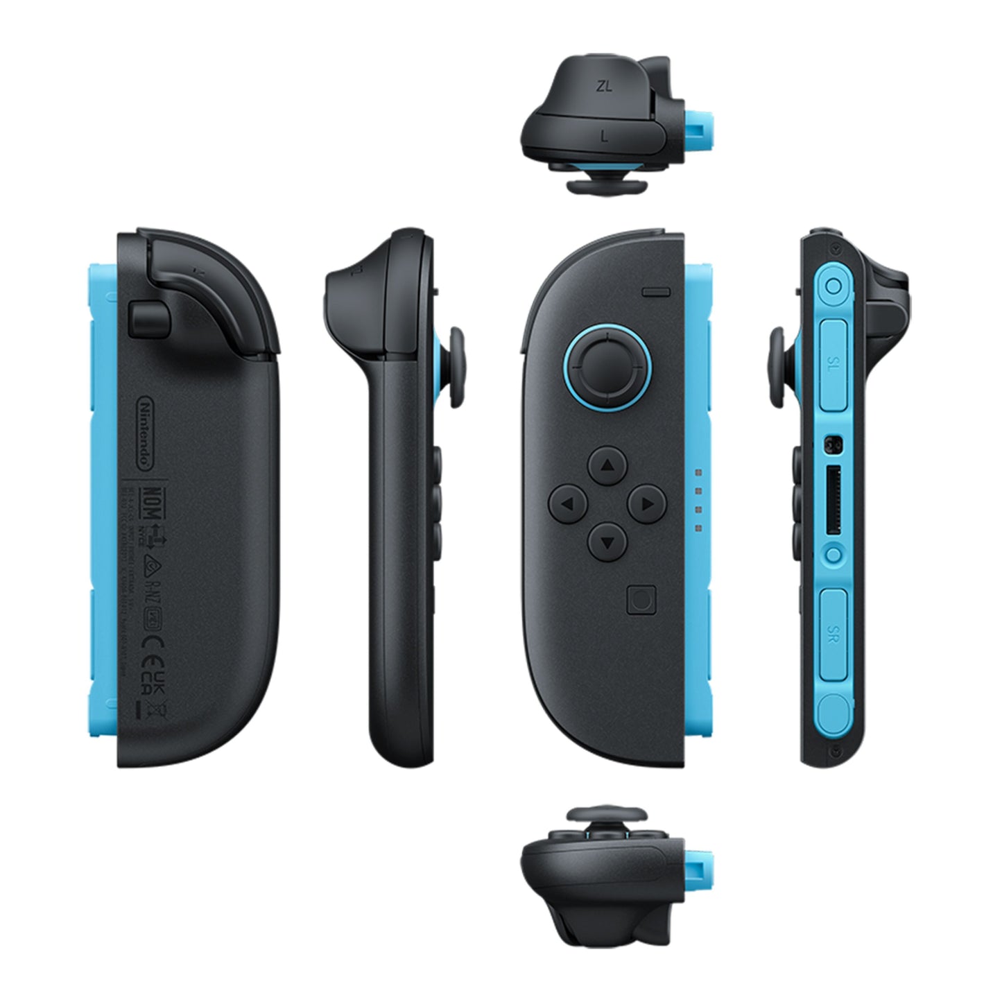 Nintendo Joy-Con 2 sæt blå, vises bagfra, forfra, fra siden, fra top og bund med knapper, joystick og monteringsskinne.
