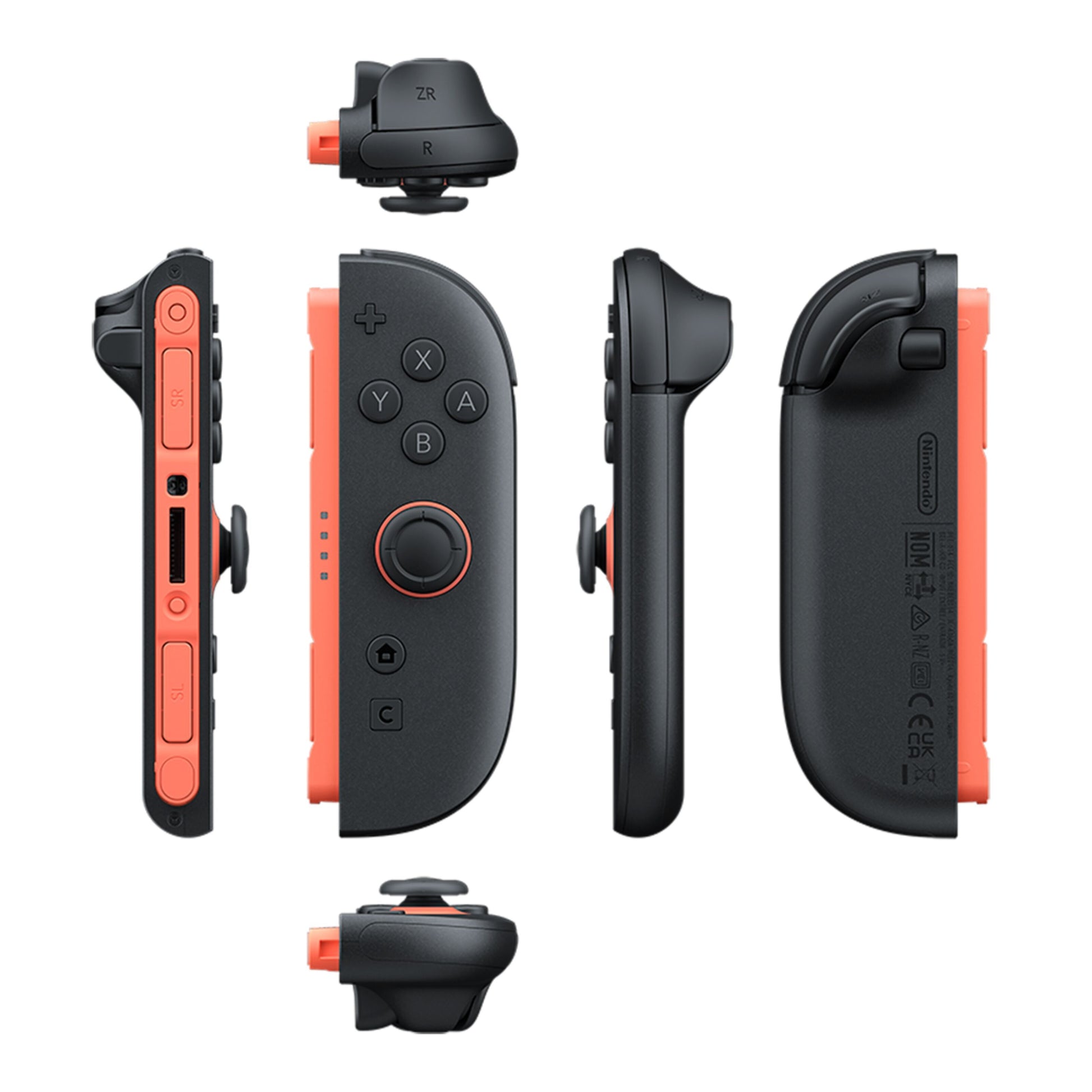 Nintendo Joy-Con 2 sæt sort og neonrød, fem vinkler med knapper, styrepind og skulderknapper.