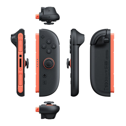Nintendo Joy-Con 2 sæt sort og neonrød, fem vinkler med knapper, styrepind og skulderknapper.
