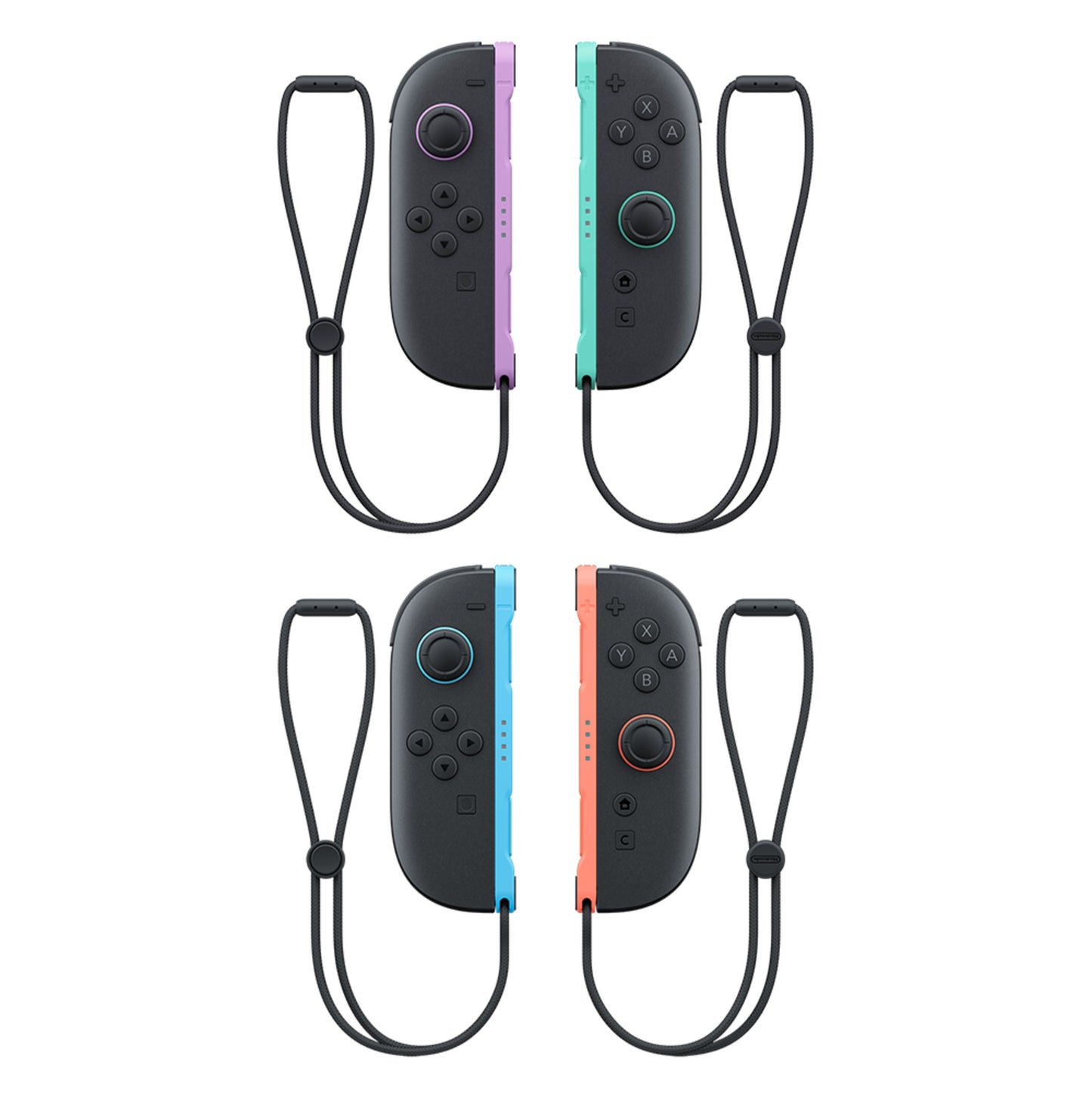 Nintendo Joy-Con 2 Par controllere, frontvisning, lyse lilla og lysegrøn med håndledsremme.