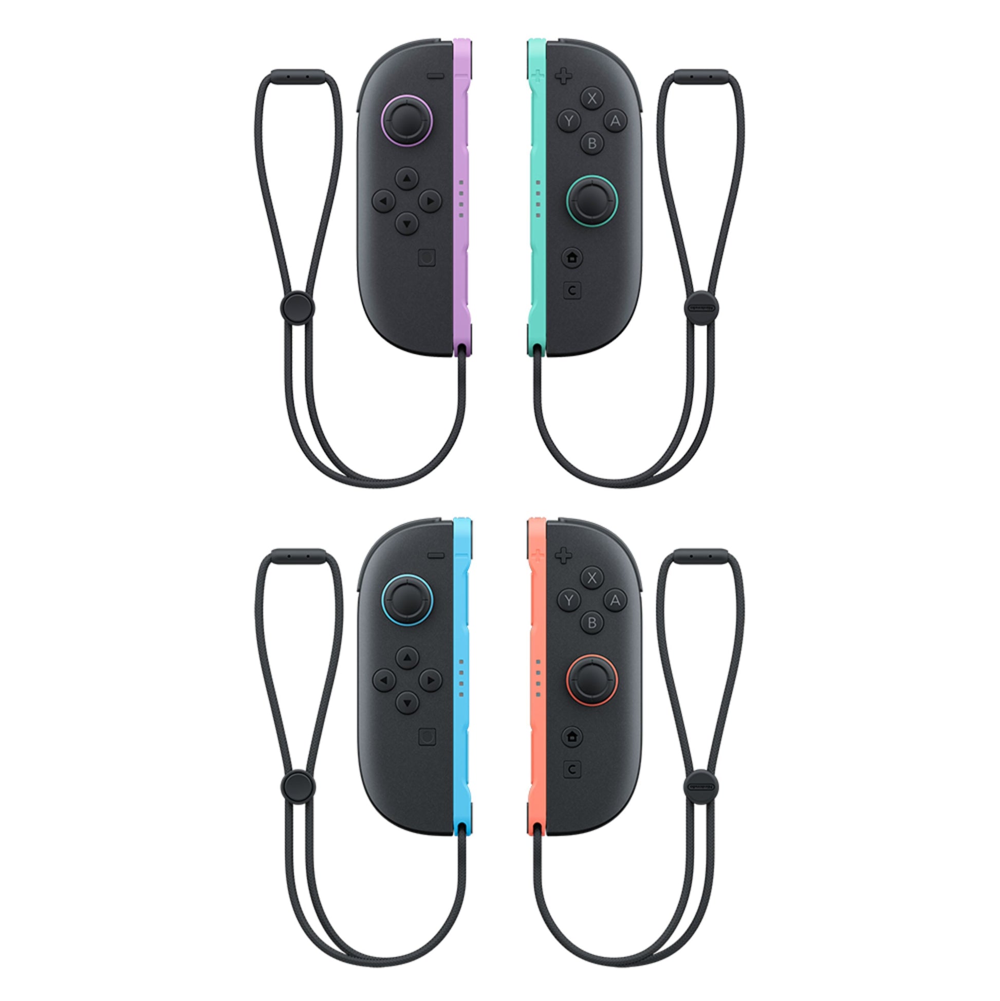 Nintendo Joy-Con 2 Par controllere, frontvisning, lyse lilla og lysegrøn med håndledsremme.