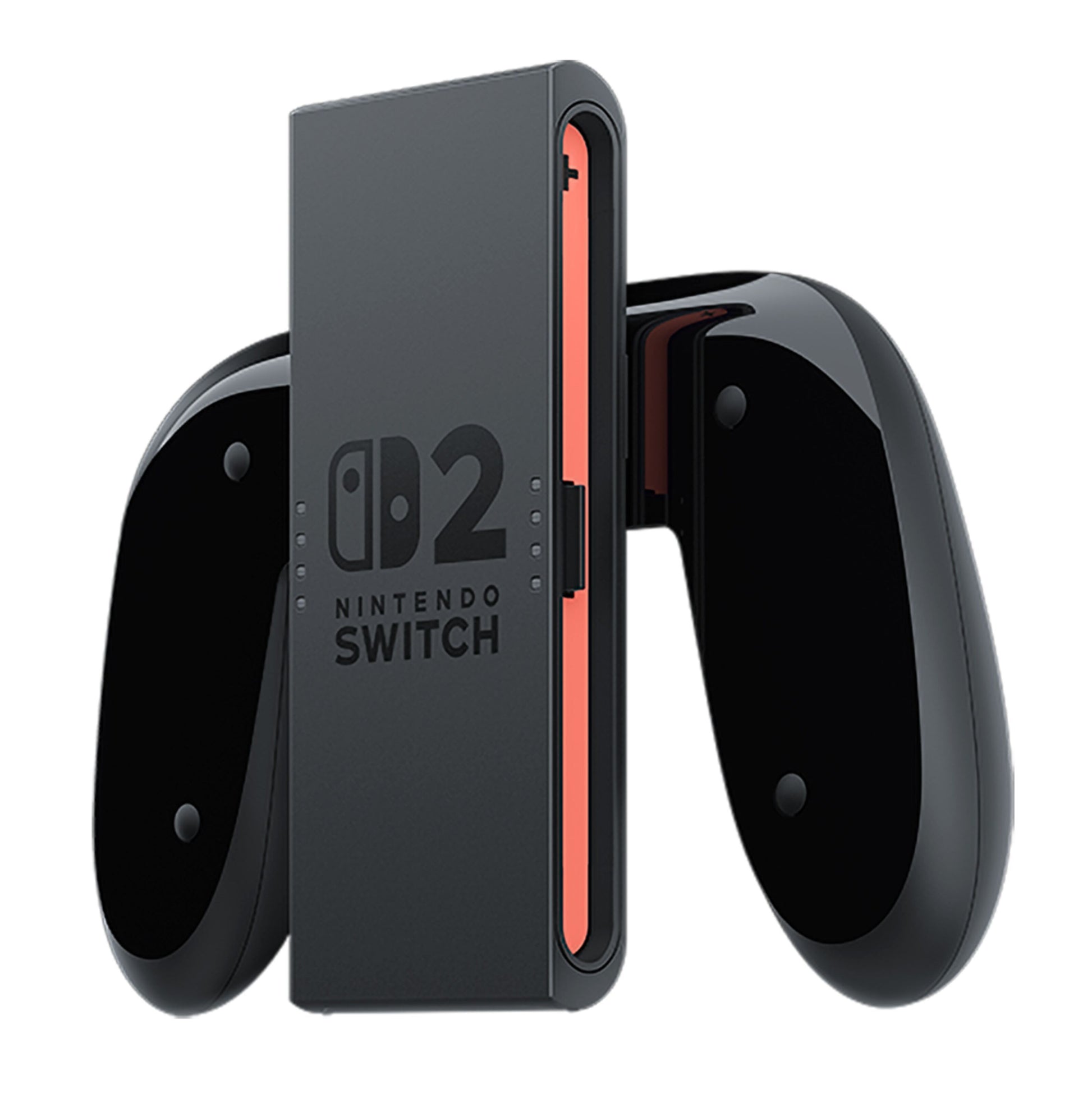 Nintendo Joy Con 2 opladningsgreb sort med blanke buede håndtag og synlig rød kant til Joy-Con controllere.