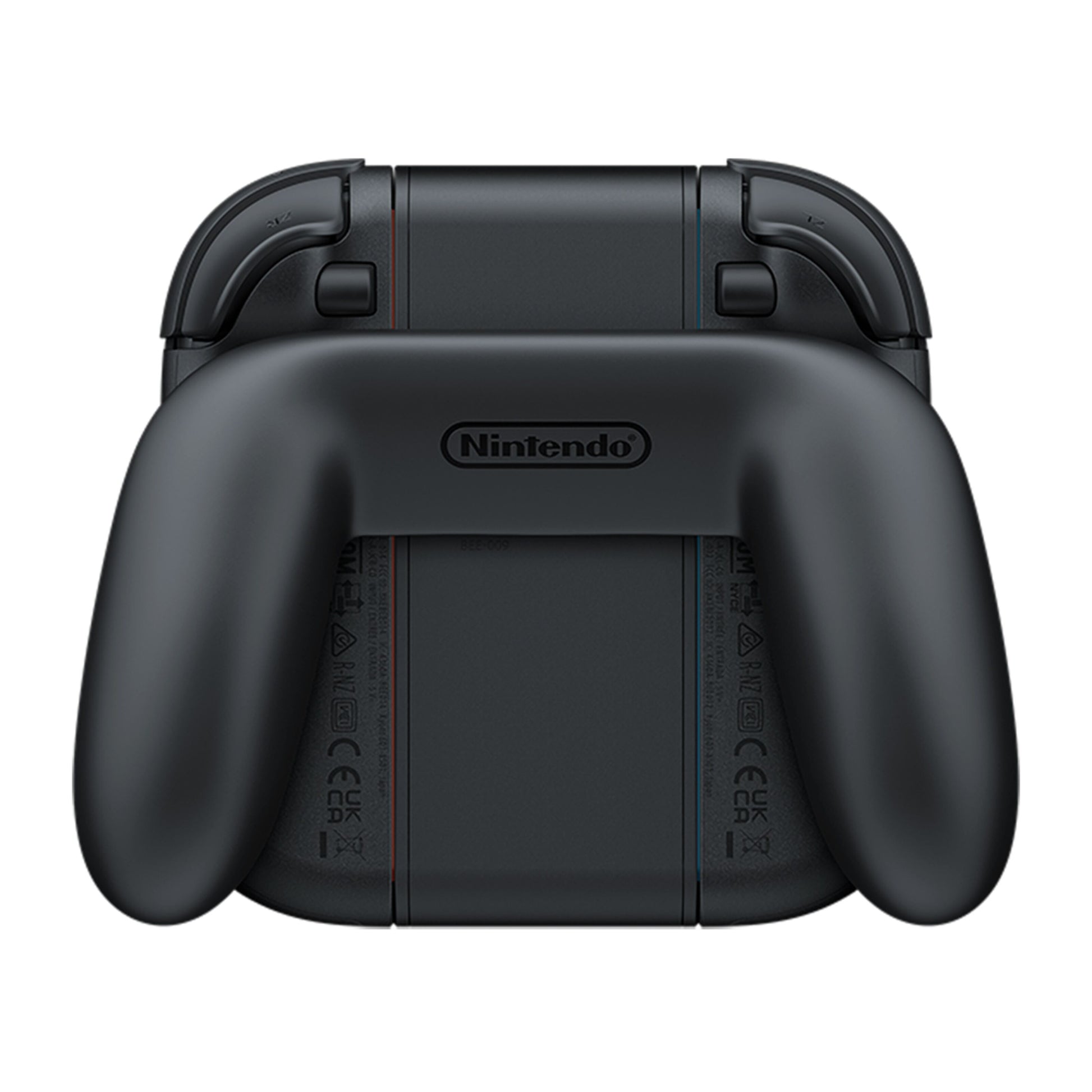 Nintendo Joy Con 2 opladningsgreb sort set bagfra med ergonomisk greb og Nintendo-logo synligt i midten.
