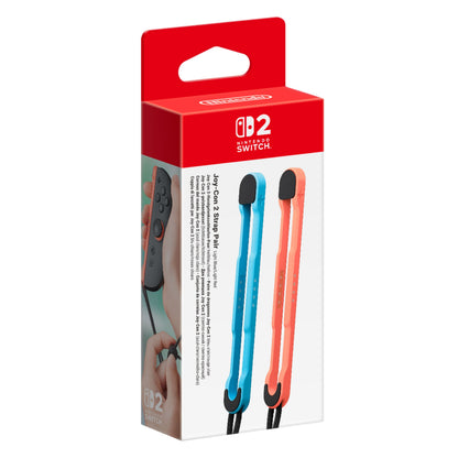 Nintendo Joy-Con 2 Strop Par emballage med to håndledsremme, blå og rød, synligt logo og produktdetaljer.