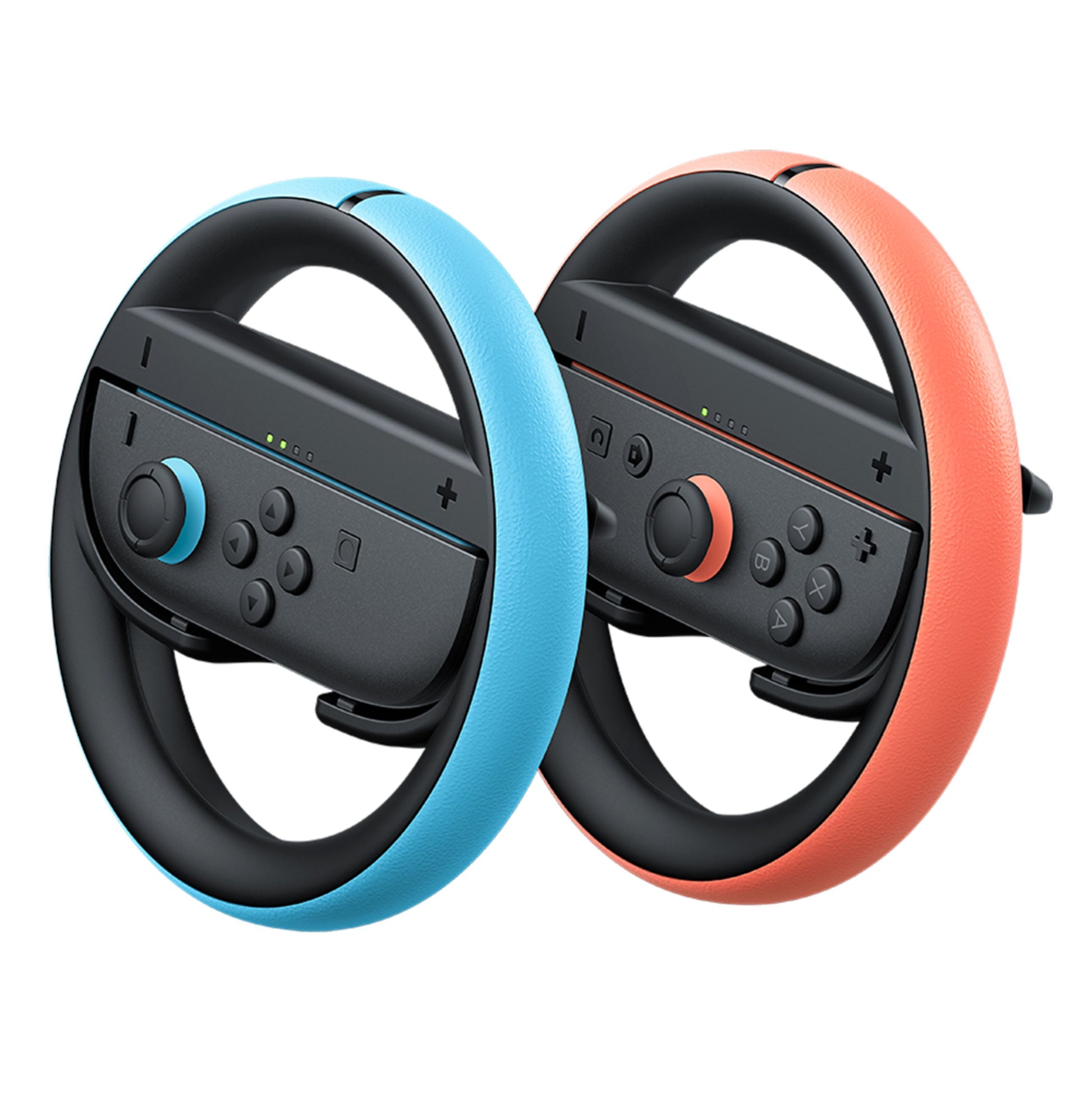 Nintendo Joy-Con 2-hjulspar, blå og rød controller i sorte cirkulære rat-tilbehør til racing-spil.