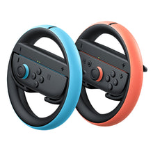 Nintendo Joy-Con 2-hjulspar, blå og rød controller i sorte cirkulære rat-tilbehør til racing-spil.