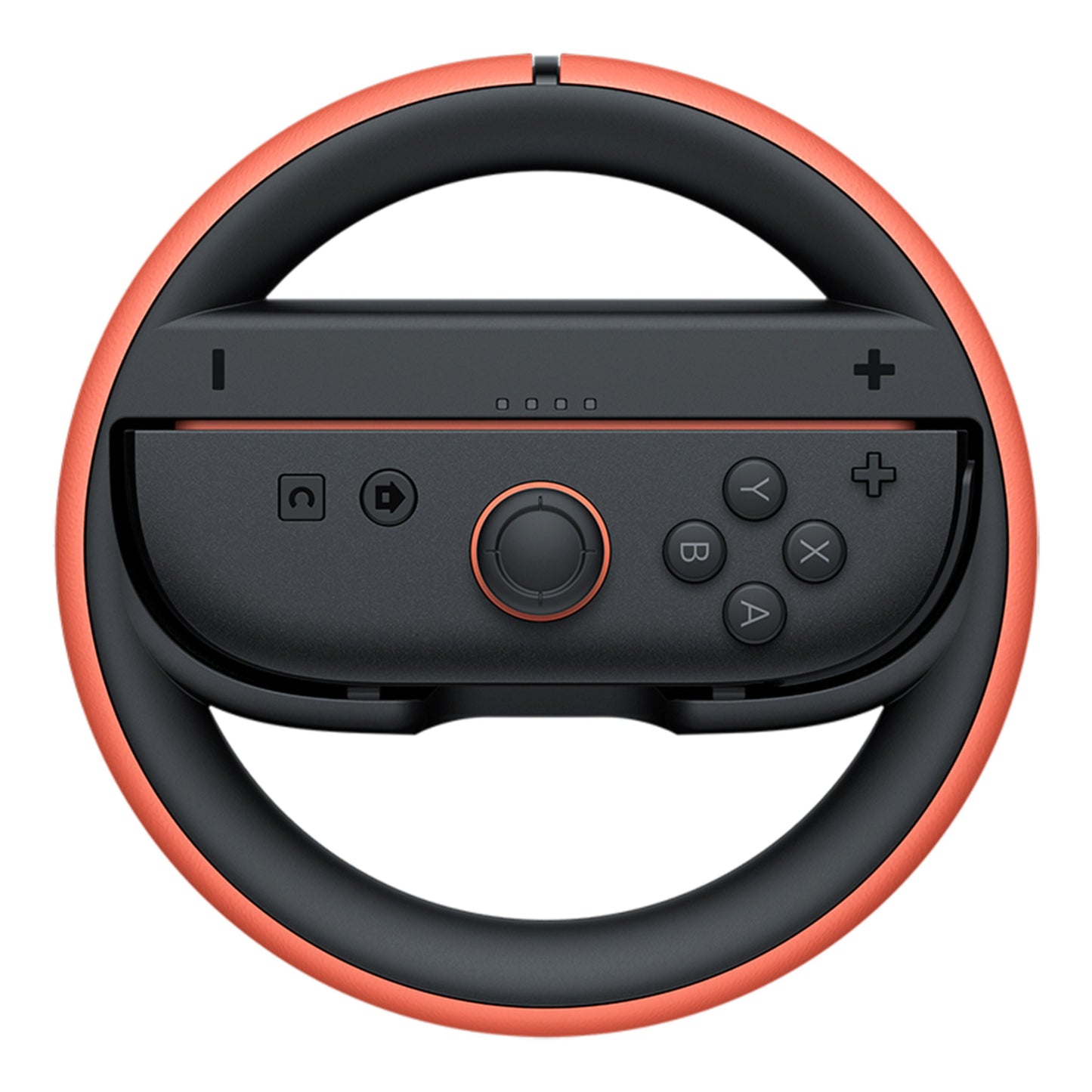 Nintendo Joy-Con 2-hjulspar rat-adapter, sort/rød, cirkulær med plads til Joy-Con i midten og adgang til knapper/joystick.