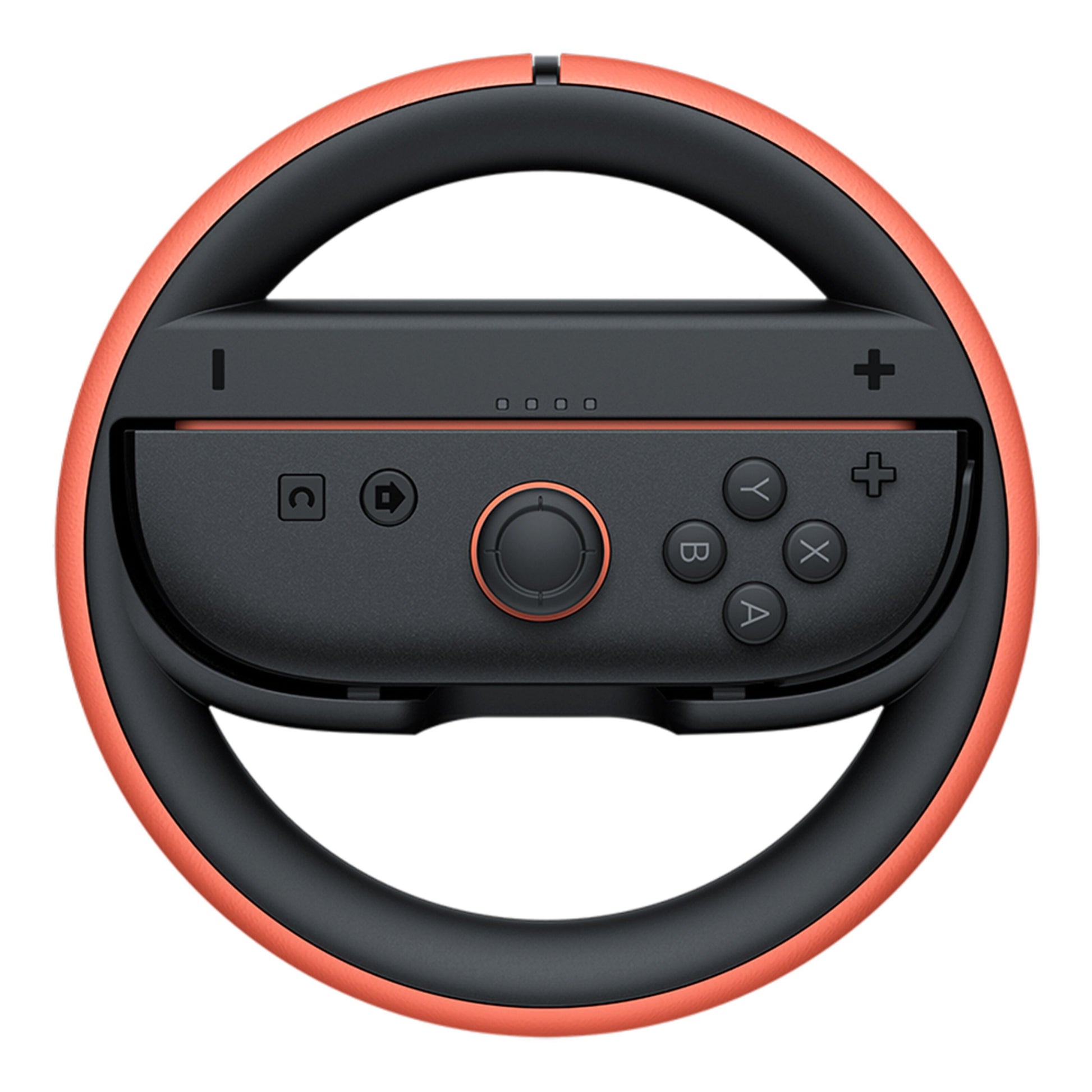 Nintendo Joy-Con 2-hjulspar rat-adapter, sort/rød, cirkulær med plads til Joy-Con i midten og adgang til knapper/joystick.