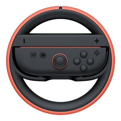 Nintendo Joy-Con 2-hjulspar rat-adapter, sort/rød, cirkulær med plads til Joy-Con i midten og adgang til knapper/joystick.