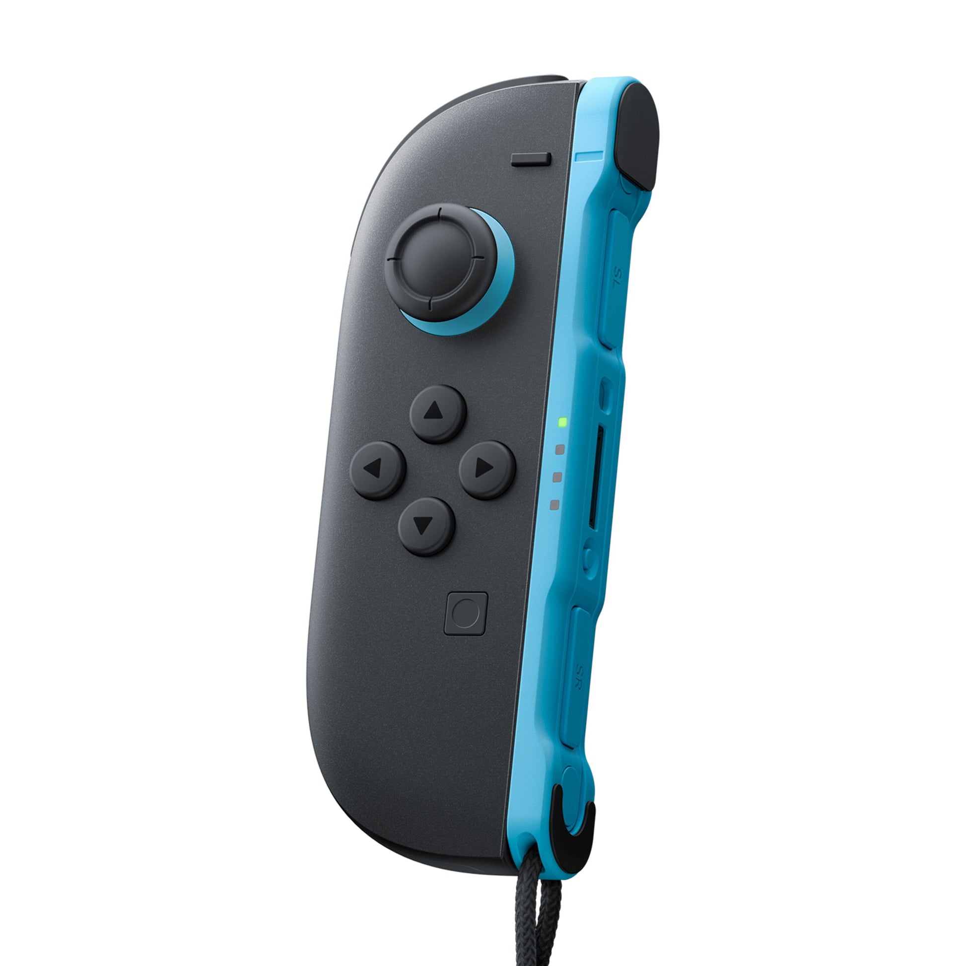 Nintendo Joy Con 2 (V) blå/sort, knapper, joystick, håndledsrem-slot og side LED-indikatorer for tilslutningsstatus.