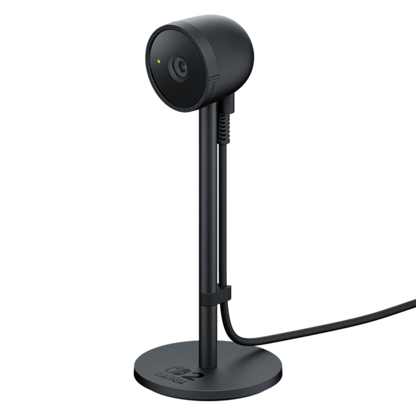 Nintendo Skift til kamera 2 webcam sort, rund linse, monteret på høj slank stander med kabel og Nintendo-logo på rund fod.