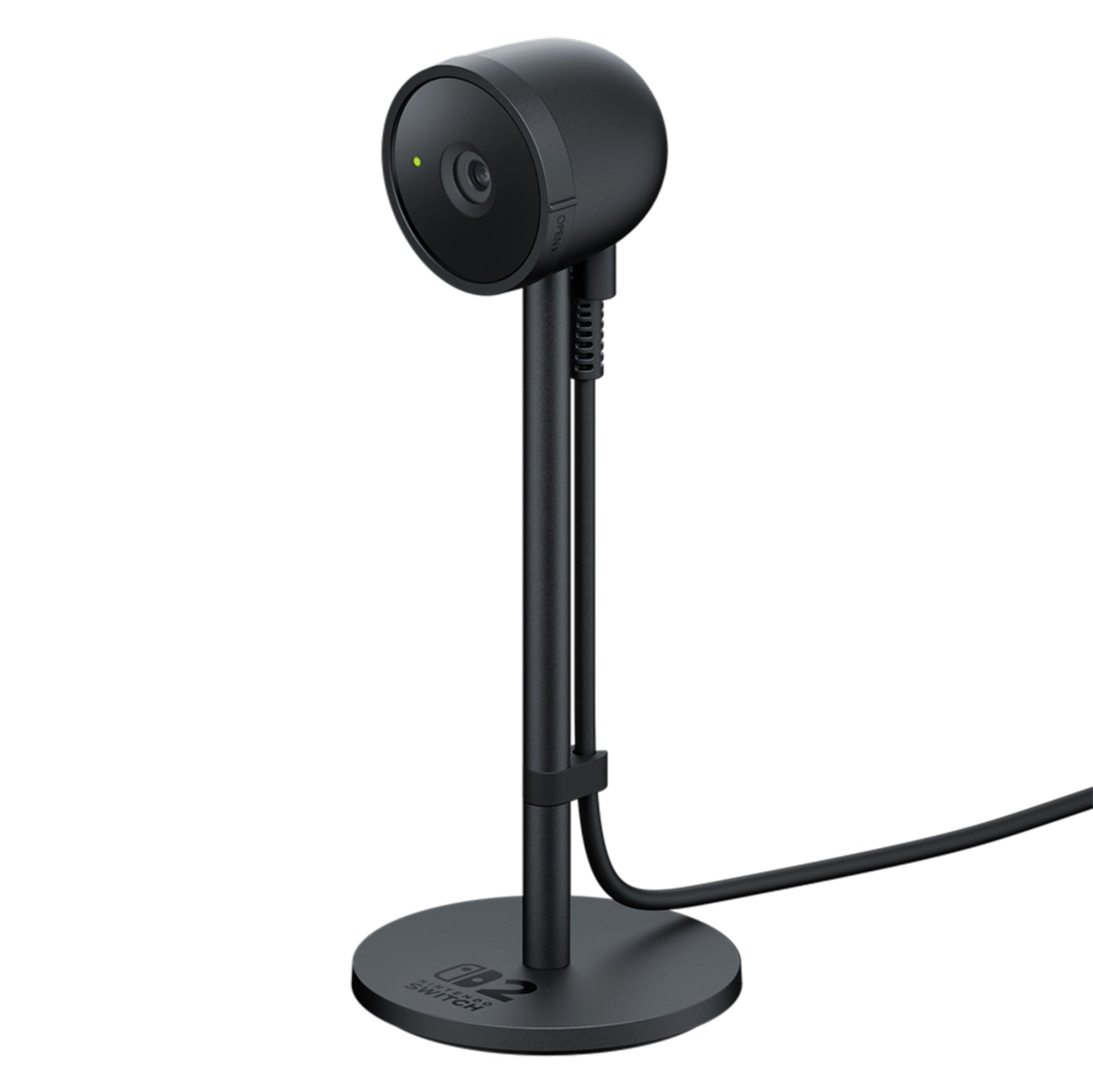 Nintendo Skift til kamera 2 webcam sort, rund linse, monteret på høj slank stander med kabel og Nintendo-logo på rund fod.