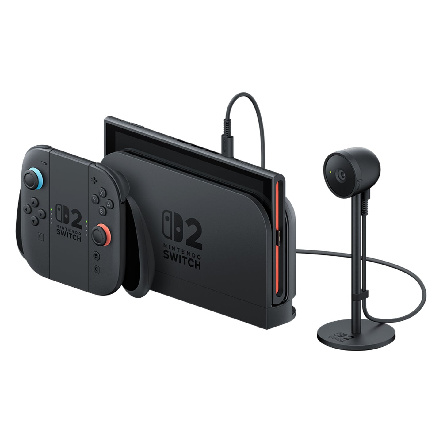 Nintendo Switch til kamera 2, sort konsol i dock, to løse controllere og lille stander-monteret kamera med kabel.