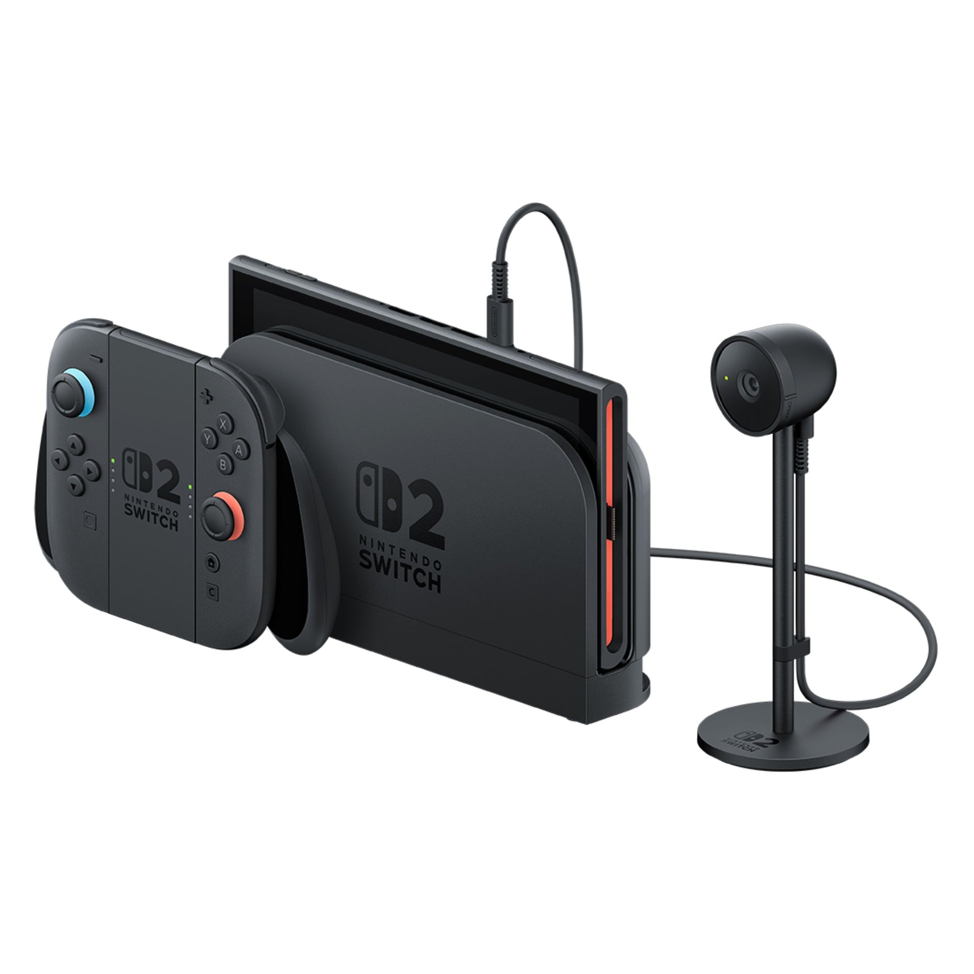 Nintendo Switch til kamera 2, sort konsol i dock, to løse controllere og lille stander-monteret kamera med kabel.