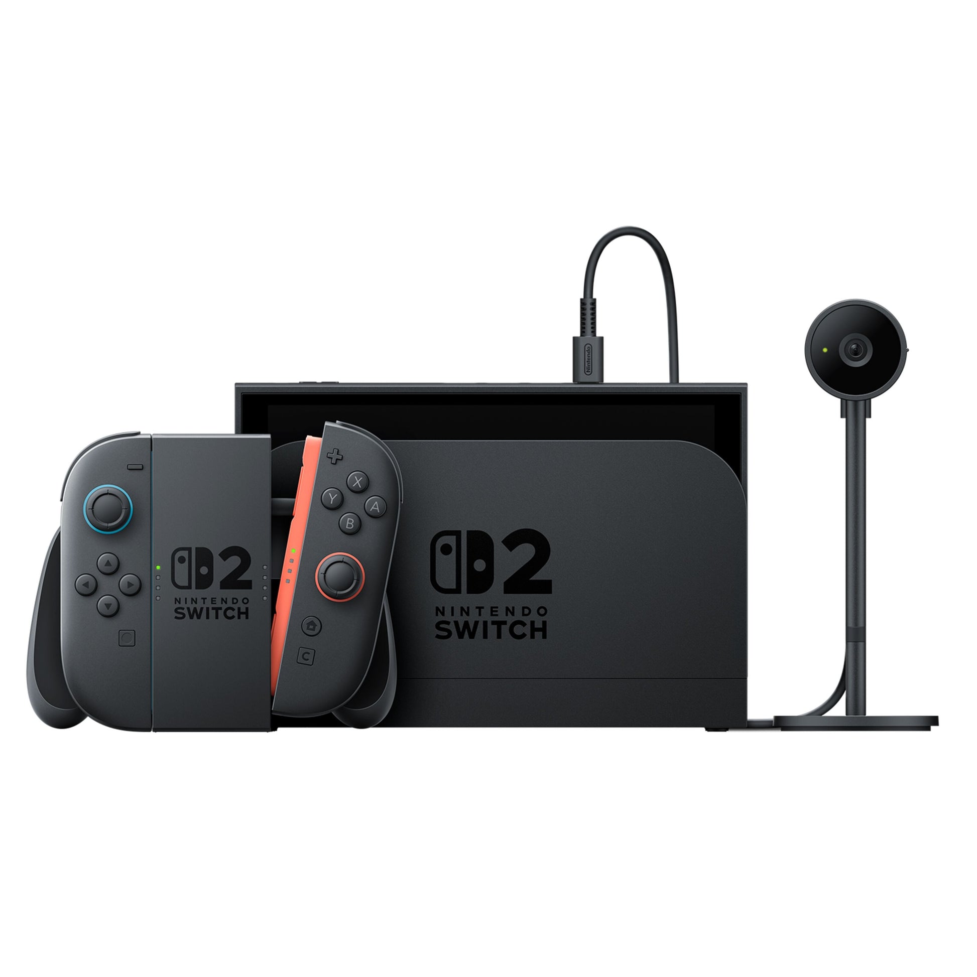 Nintendo Skift til kamera 2 med Joy-Con controllere, docking station og kablet eksternt kamera, sort med blå/røde accenter.