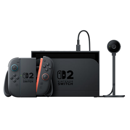 Nintendo Skift til kamera 2 med Joy-Con controllere, docking station og kablet eksternt kamera, sort med blå/røde accenter.