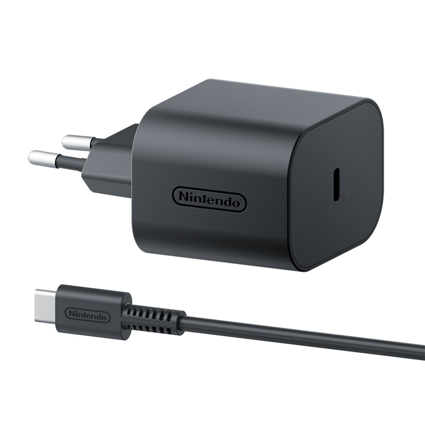 Nintendo oplader til Nintendo Switch 2, sort AC-adapter med USB-C-port, USB-C-kabel og to runde stikben til EU strømstik.