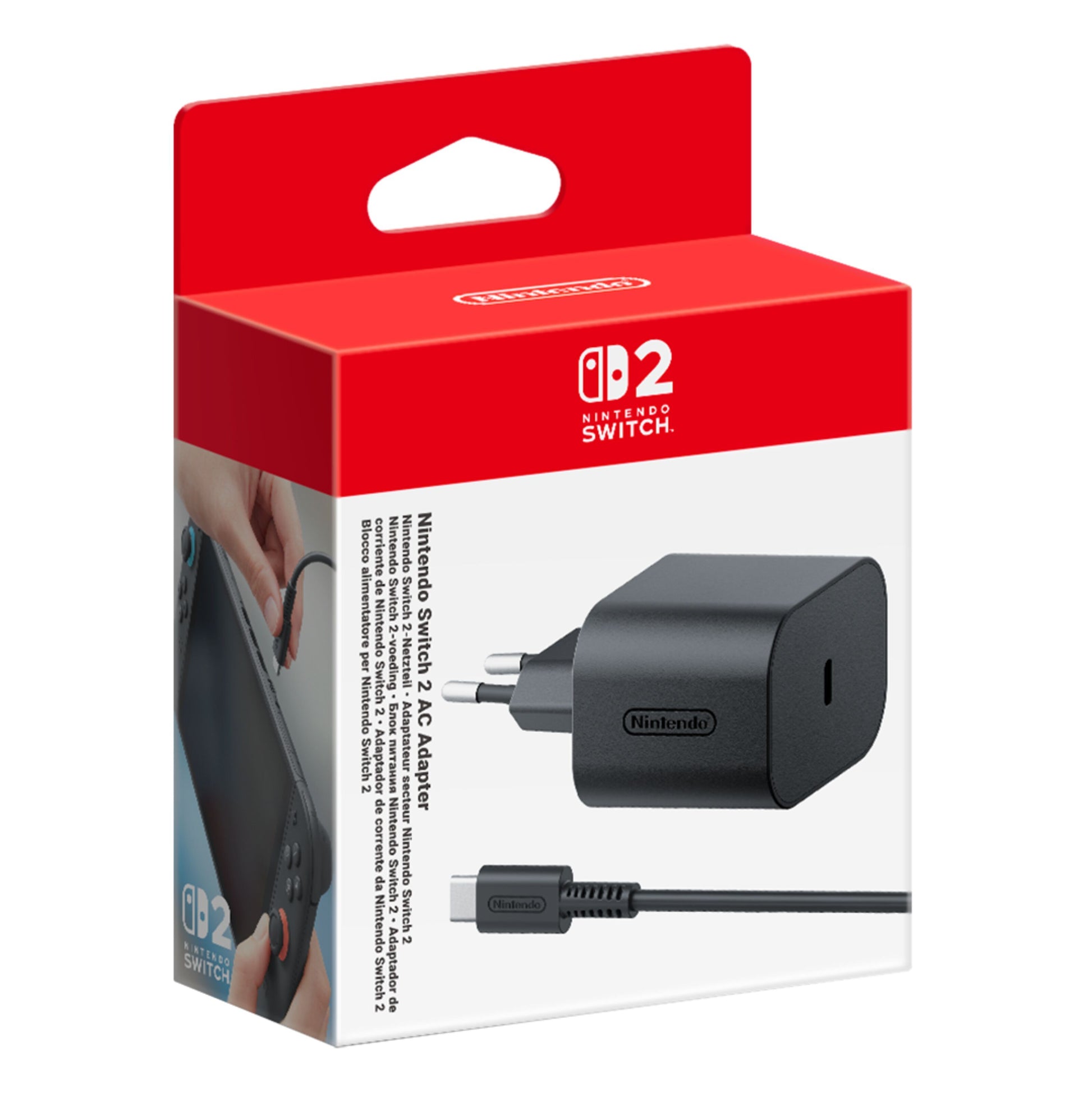Nintendo oplader til Switch 2 i rød/hvid æske, sorterer adapter og kabel synligt, Nintendo-logo og produktinfo.