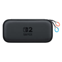 Nintendo taske til Nintendo Switch 2, sort rektangulær med OLED Model logo, lynlåse har røde og blå Joy-Con-inspirerede snipper.