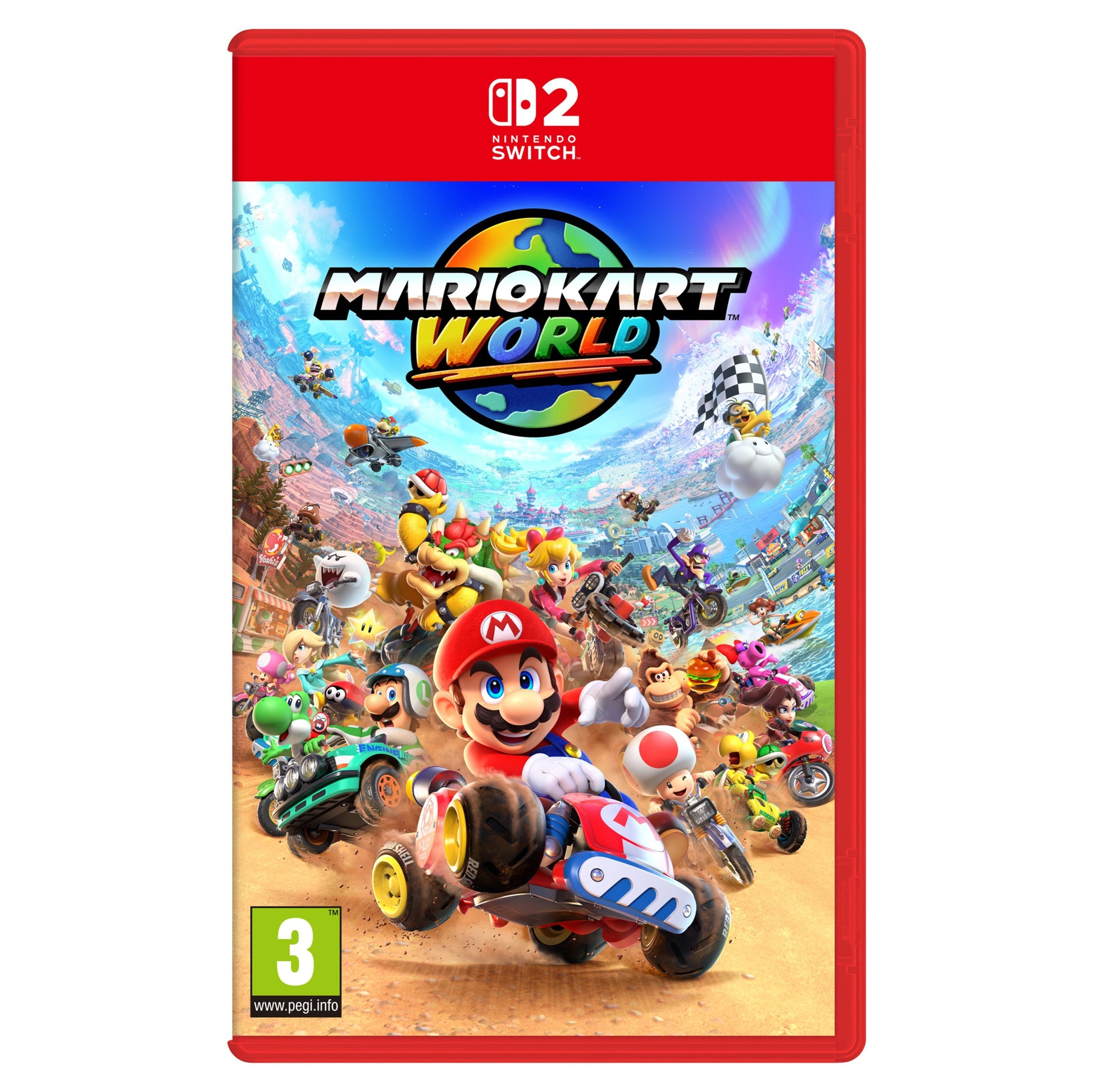 Mario Kart Verden Switch 2 spilæske med Mario og figurer i karts, logo øverst, rød kant og PEGI 3 mærkning.