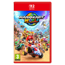 Mario Kart Verden Switch 2 spilæske med Mario og figurer i karts, logo øverst, rød kant og PEGI 3 mærkning.