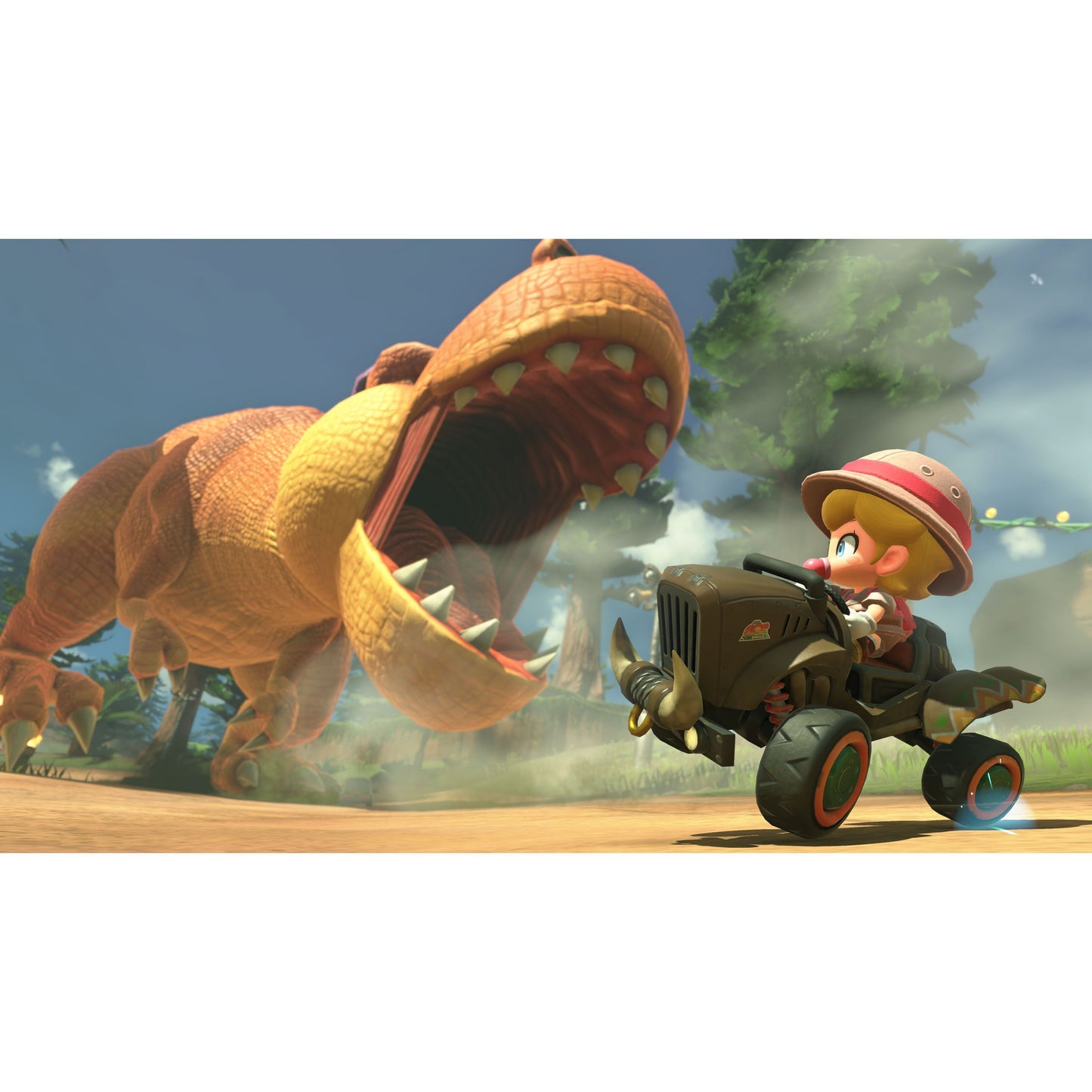 Nintendo Mario Kart Verden Switch 2 spil skærmbillede med tegneserie-racer i safari-tøj på farverig bane jagtet af dinosaur.
