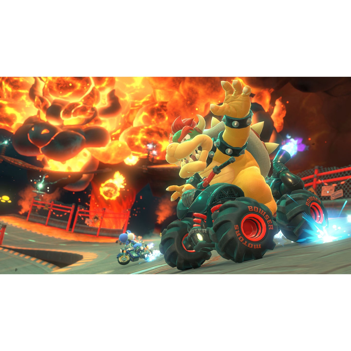 Nintendo Mario Kart Verden Switch 2 Bowser i monster truck kart foran flammende baggrund, Sonic og andre racere bagved.