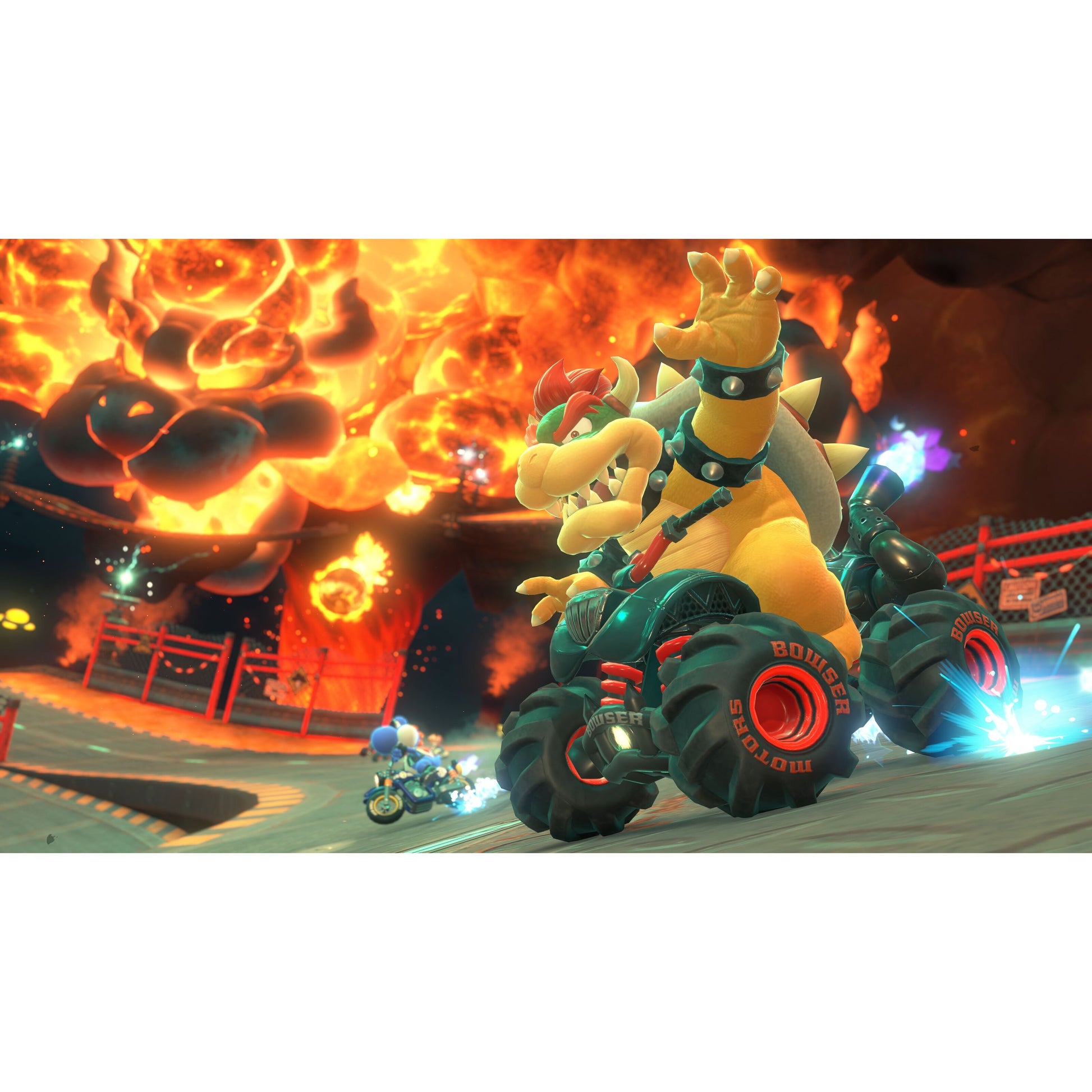 Nintendo Mario Kart Verden Switch 2 Bowser i monster truck kart foran flammende baggrund, Sonic og andre racere bagved.