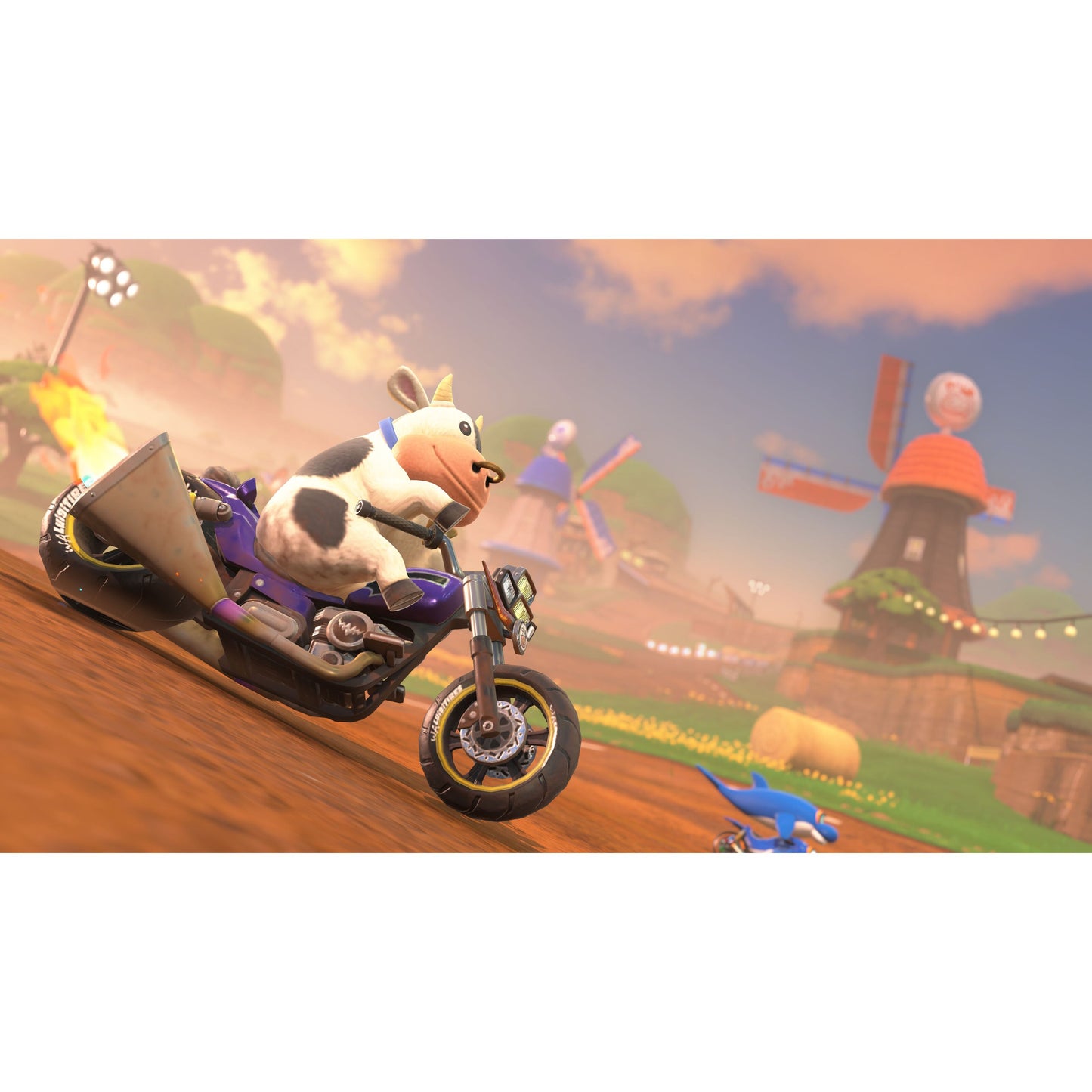 Mario Kart Verden Switch 2, lille motorcykel med tegneserieko i blå tørklæde og blå pindsvin.