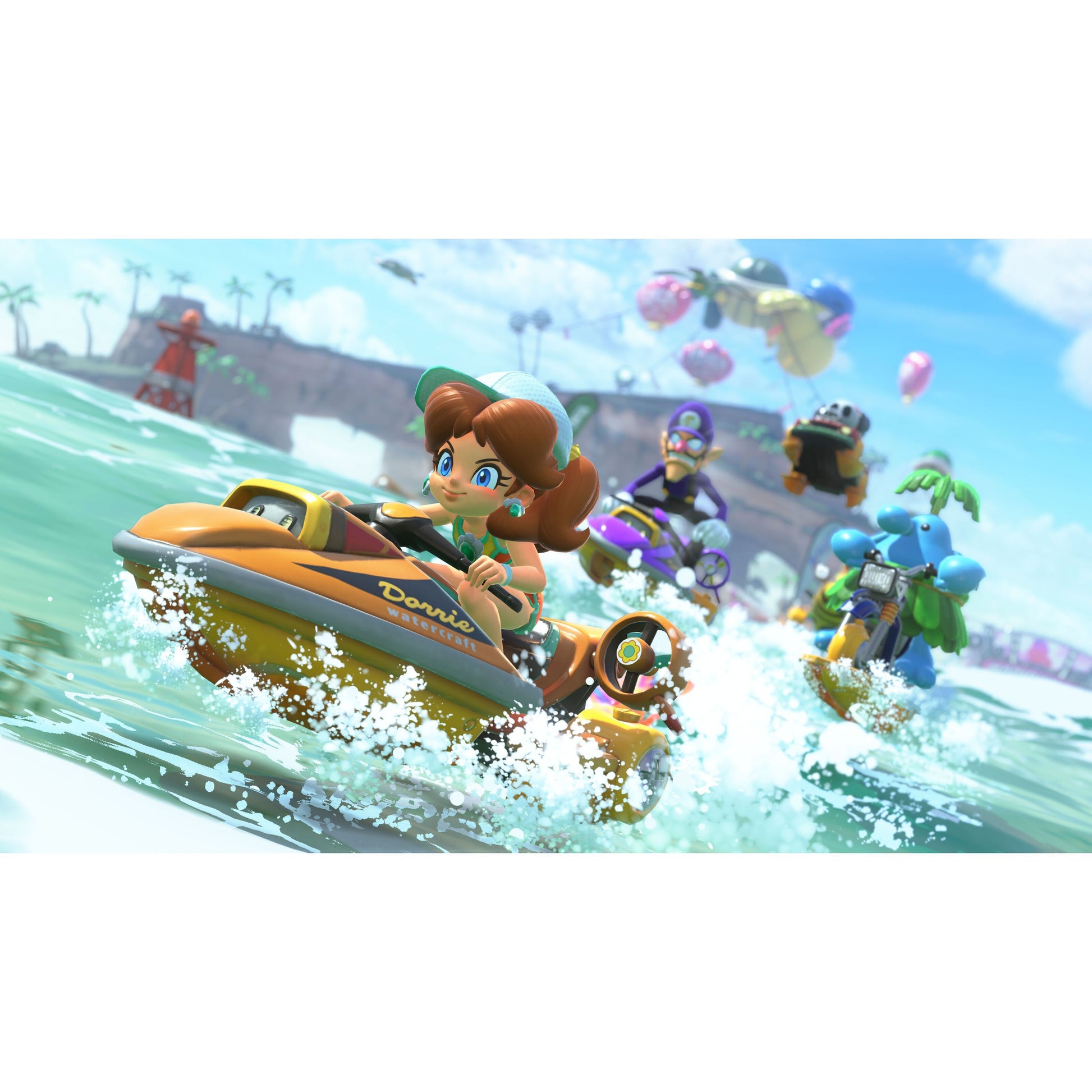 Mario Kart Verden Switch 2 screenshot med Princess Daisy på gul jetski på turkis vand foran Waluigi nær tropisk ø.
