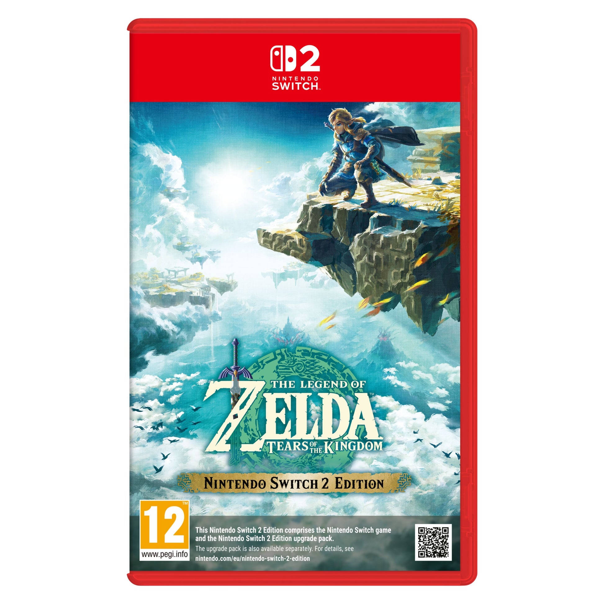 Legenden om Zelda: Rigerens tårer Switch 2, helten på himmelø, grønt logo, PEGI 12 vises på coveret.