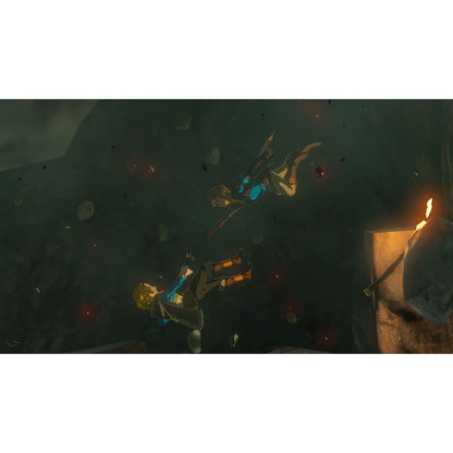 Legenden om Zelda: Rigerens tårer Switch 2 Link og Zelda falder i mørk stenet afgrund med gløder og fakkel synlig.