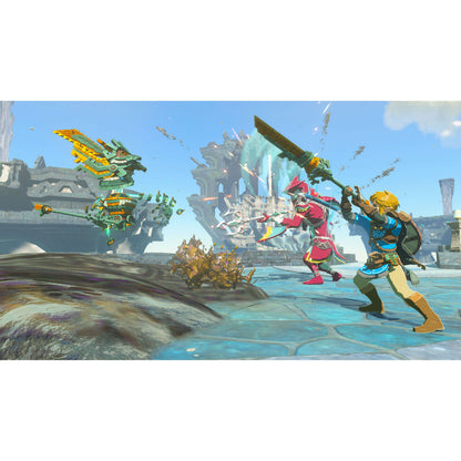 Nintendo Legenden om Zelda: Rigerens tårer Switch 2-udgave cover med to helte med sværd mod robotfugle på ruiner.
