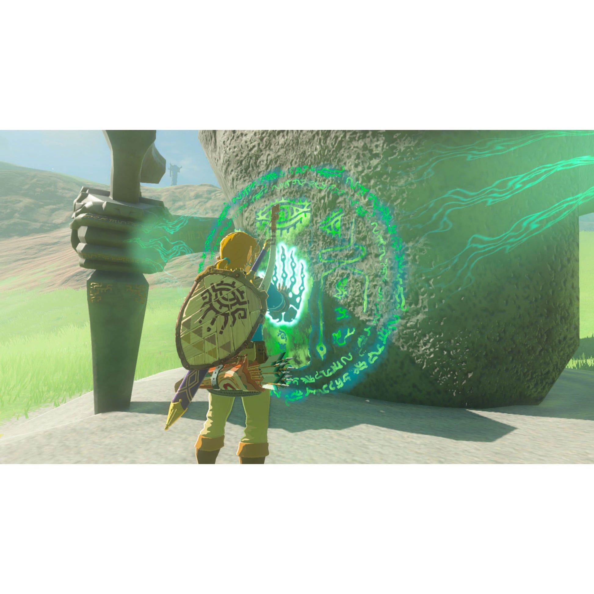 Nintendo Legenden om Zelda: Rigerens tårer Switch 2, Link aktiverer grøn magisk segl på stenmærke med skjold på ryggen.