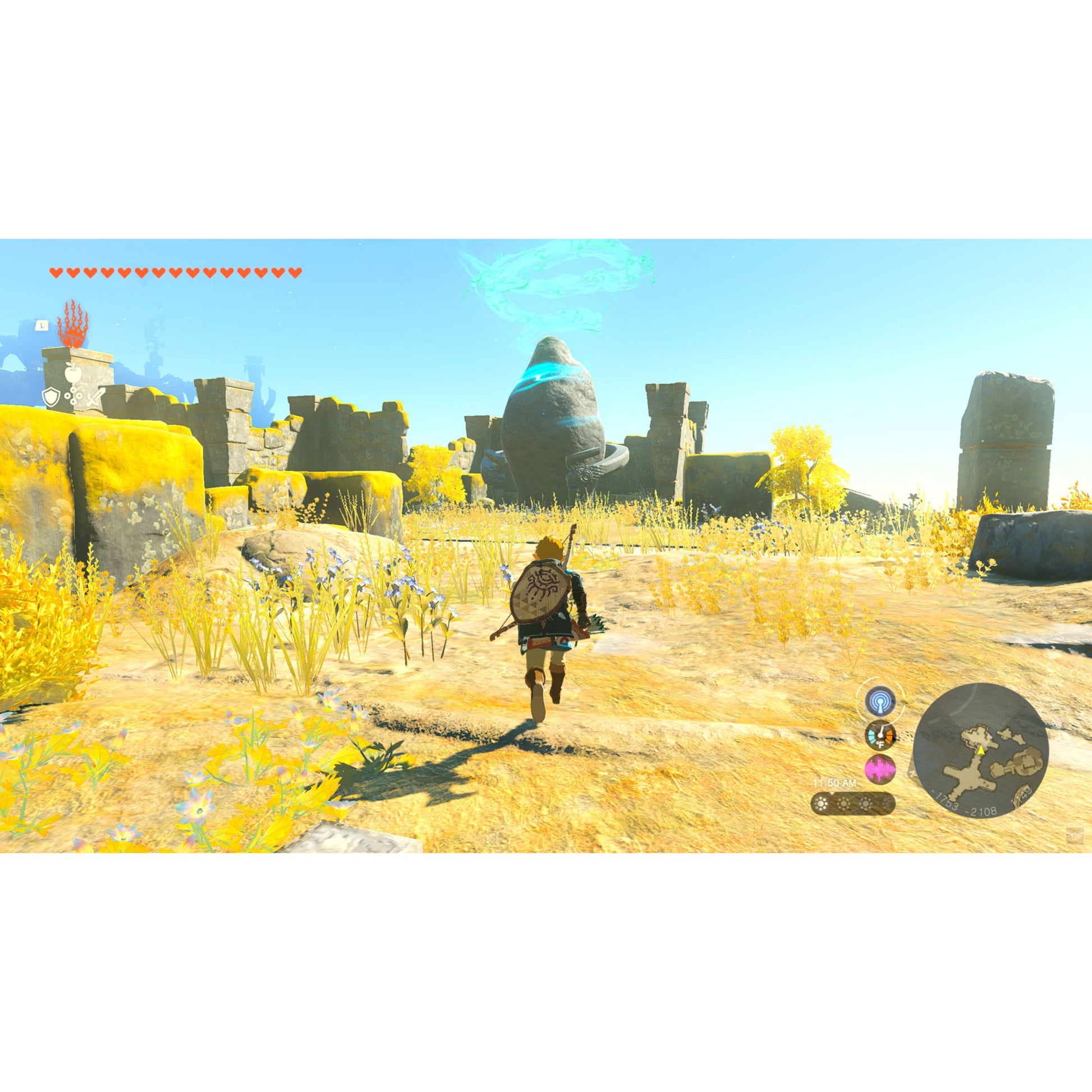 Nintendo Legenden om Zelda: Rigerens tårer Switch 2, Link ved gule ruiner med klar himmel og blå struktur i baggrunden.