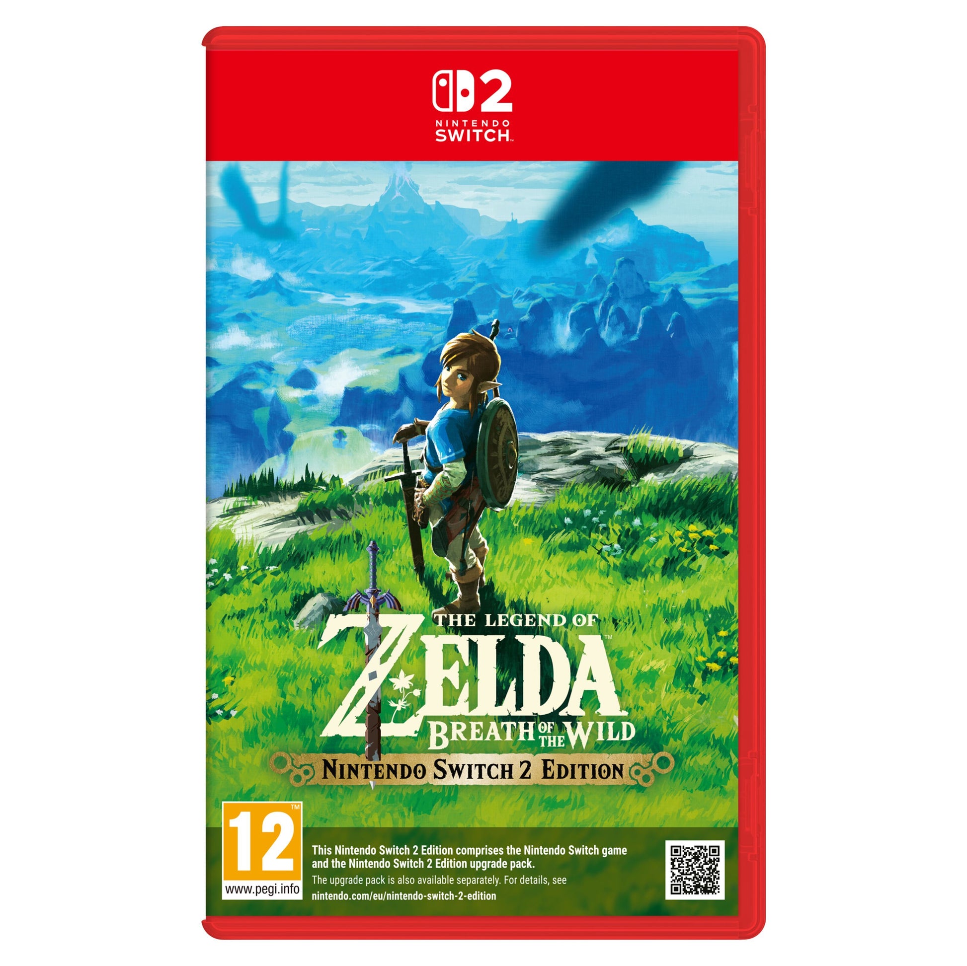 Nintendo Legenden om Zelda: Breath of the Wild Switch 2-udgave spilcover med Link med sværd og skjold i landskab.