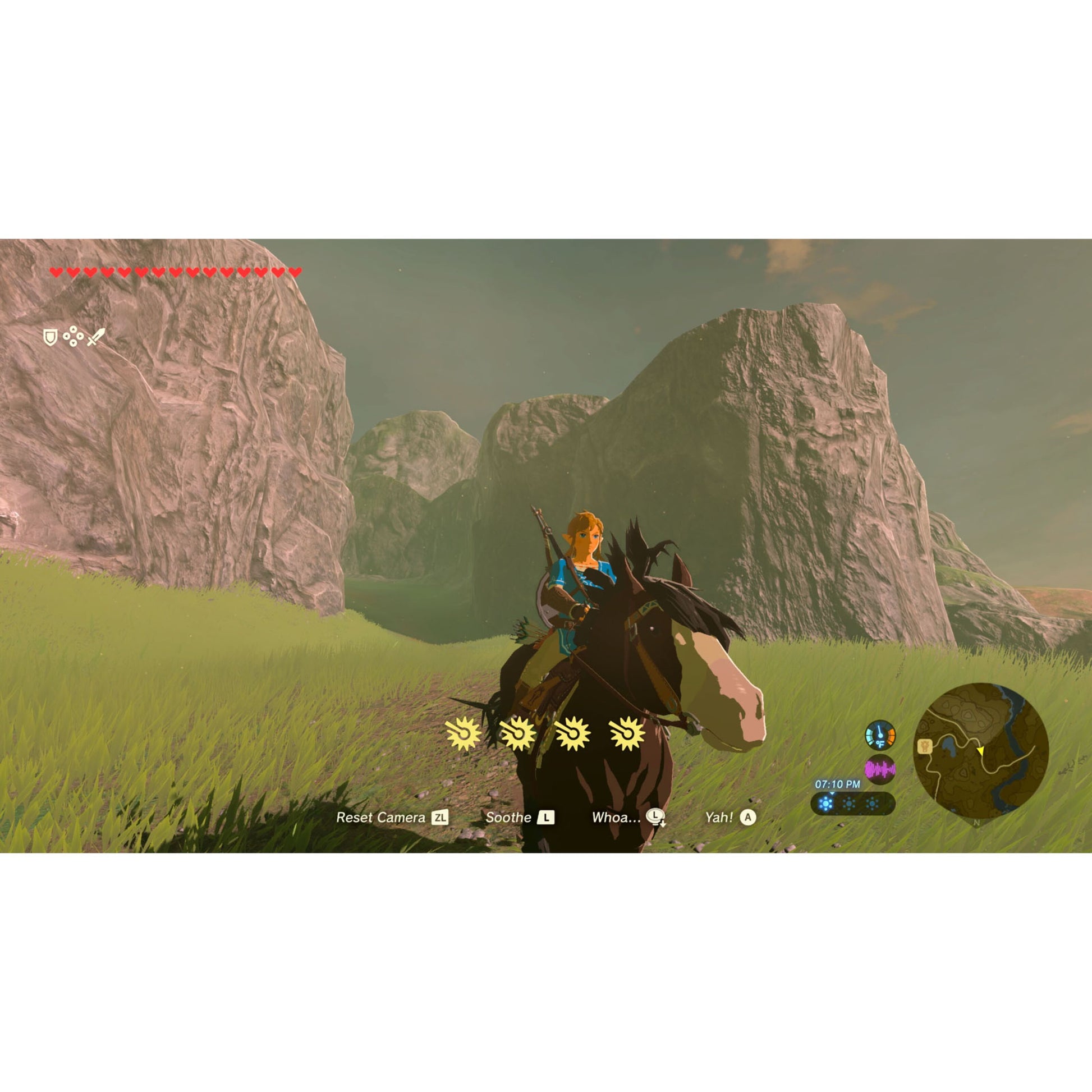 Nintendo Legenden om Zelda: Breath of the Wild Switch 2-udgave, spilscene med hest, dal, klipper og synligt interface/map.