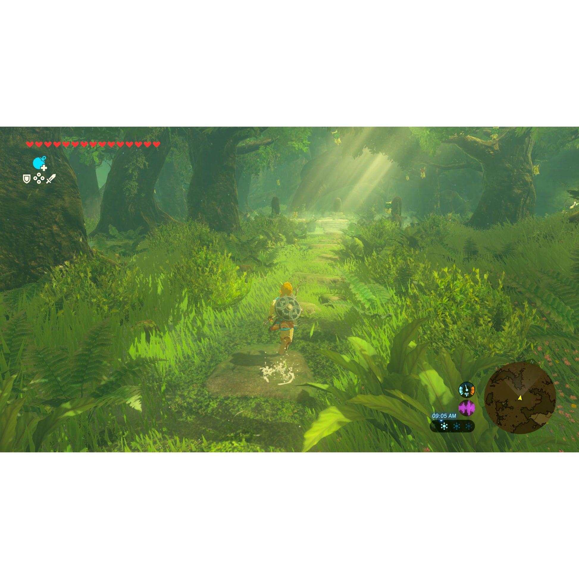 Nintendo Legenden om Zelda: Breath of the Wild Switch 2-udgave, helt med sværd og skjold, kort og spilikoner på skærm.
