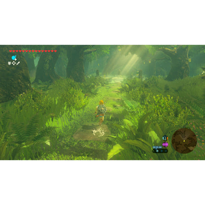 Nintendo Legenden om Zelda: Breath of the Wild Switch 2-udgave, helt med sværd og skjold, kort og spilikoner på skærm.