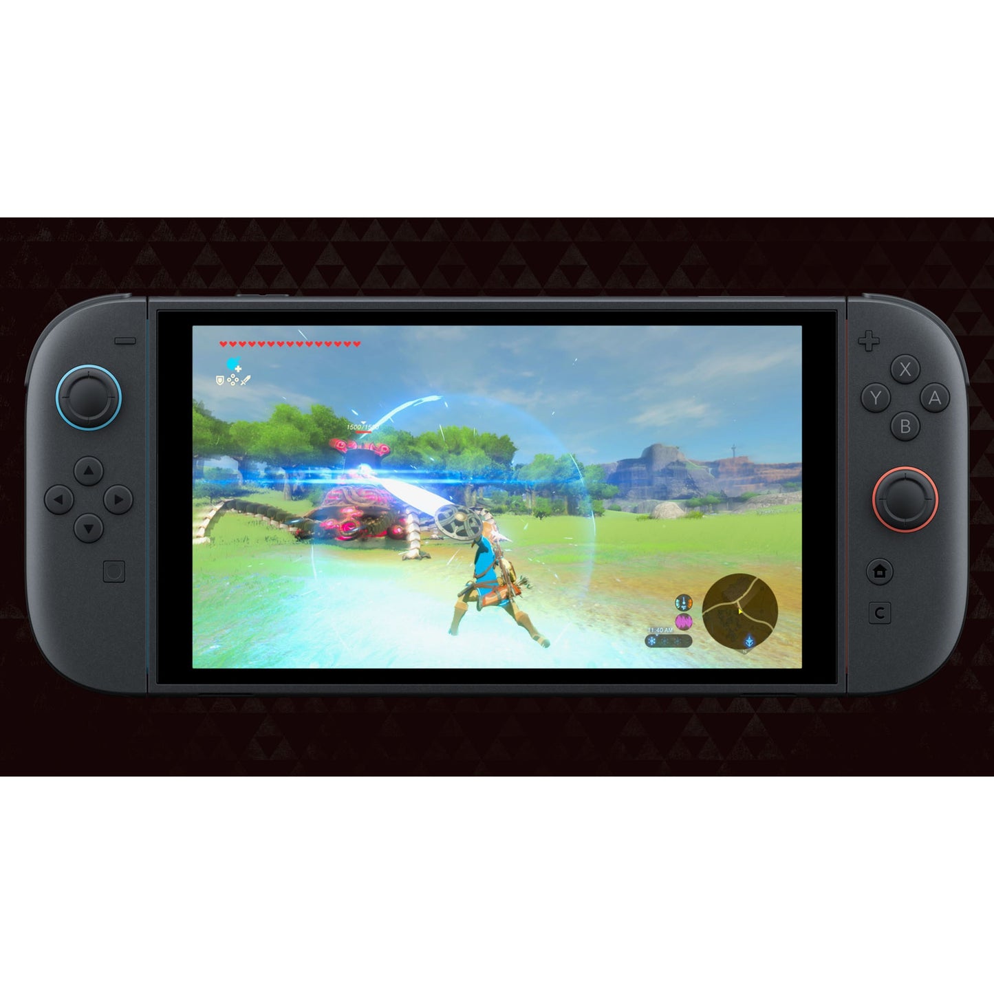 Nintendo Switch med Legenden om Zelda: Breath of the Wild Switch 2-udgave, Link kæmper mod Guardian med lysende skjold.
