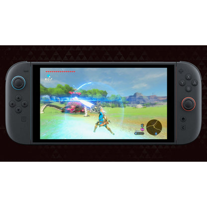Nintendo Switch med Legenden om Zelda: Breath of the Wild Switch 2-udgave, Link kæmper mod Guardian med lysende skjold.